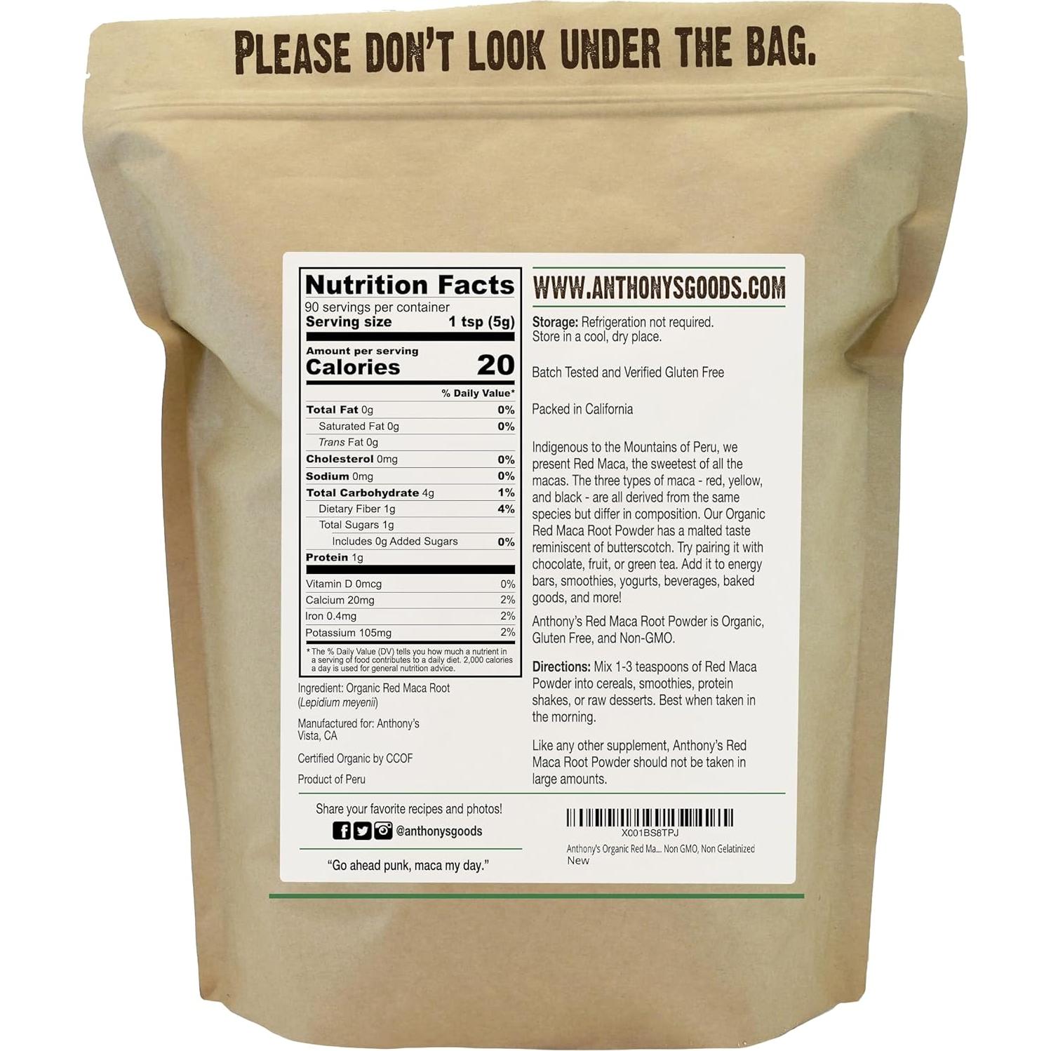 Polvo de Maca Roja Orgánica Anthony's 450g Sin Gluten No OGM