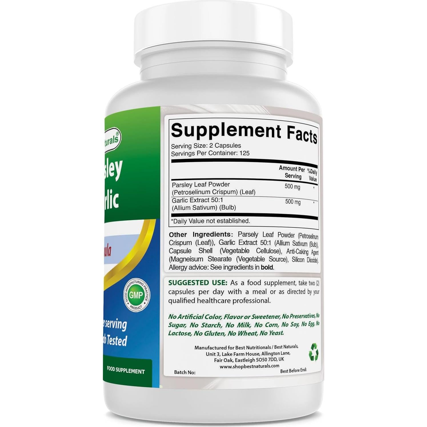 Suplemento de Perejil y Ajo 1000 mg - Mejores Naturales, 250 Cápsulas Vegetarianas