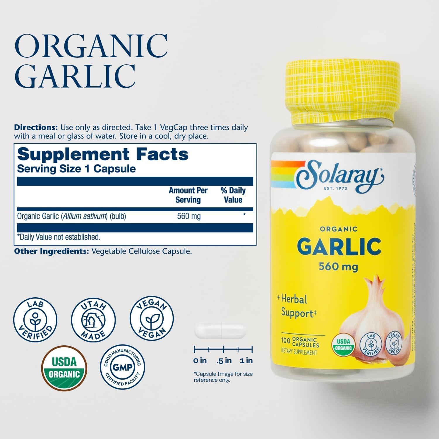 Suplemento de Ajo Orgánico Solaray 560 mg - 100 VegCaps