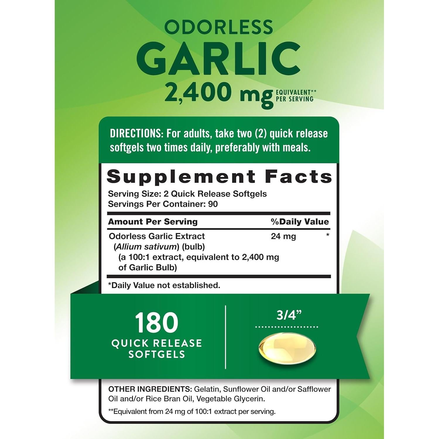 Suplemento de Ajo Sin Olor Nature's Truth 2400mg 180 Cápsulas