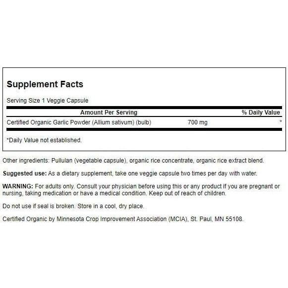 Suplemento de Ajo Orgánico Swanson 700 mg 60 Cápsulas Veganas