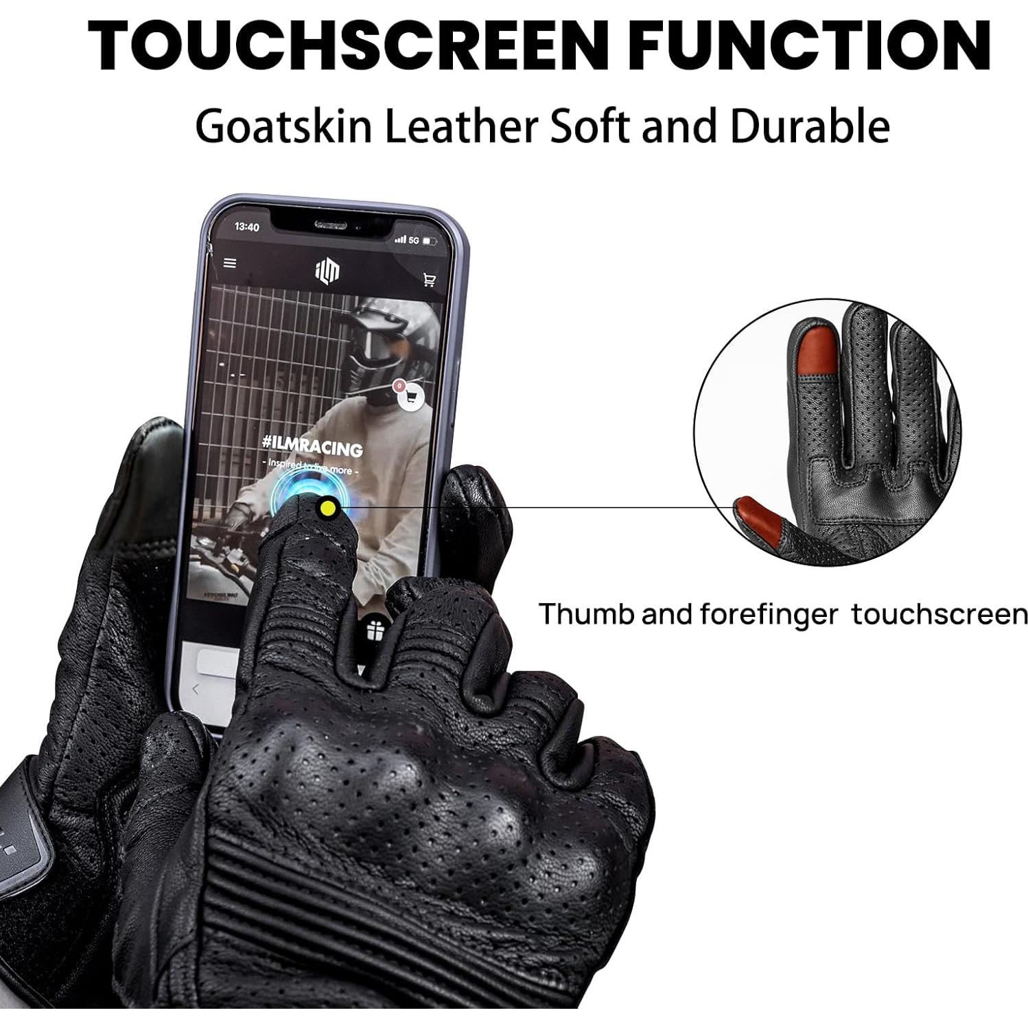 Guantes de Motocicleta ILM DN01 de Cuero de Cabra Negro S