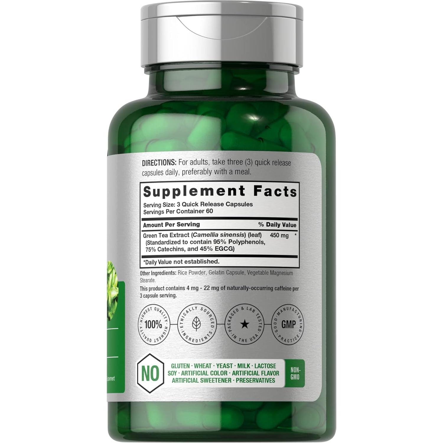 Cápsulas de Extracto de Té Verde Horbäach 450mg - 180 Unidades - Sin OGM y Gluten