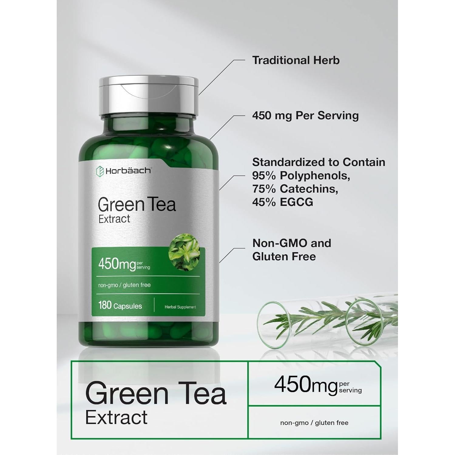 Cápsulas de Extracto de Té Verde Horbäach 450mg - 180 Unidades - Sin OGM y Gluten
