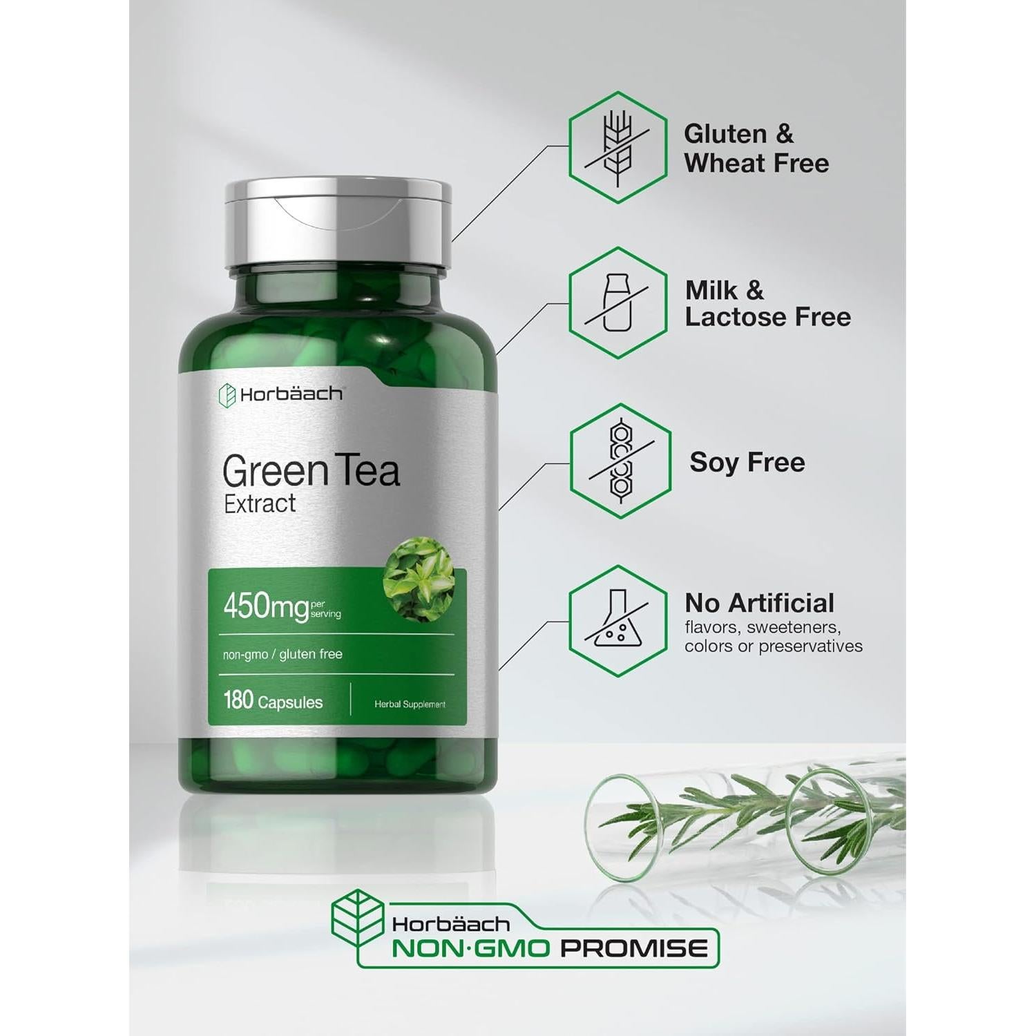 Cápsulas de Extracto de Té Verde Horbäach 450mg - 180 Unidades - Sin OGM y Gluten