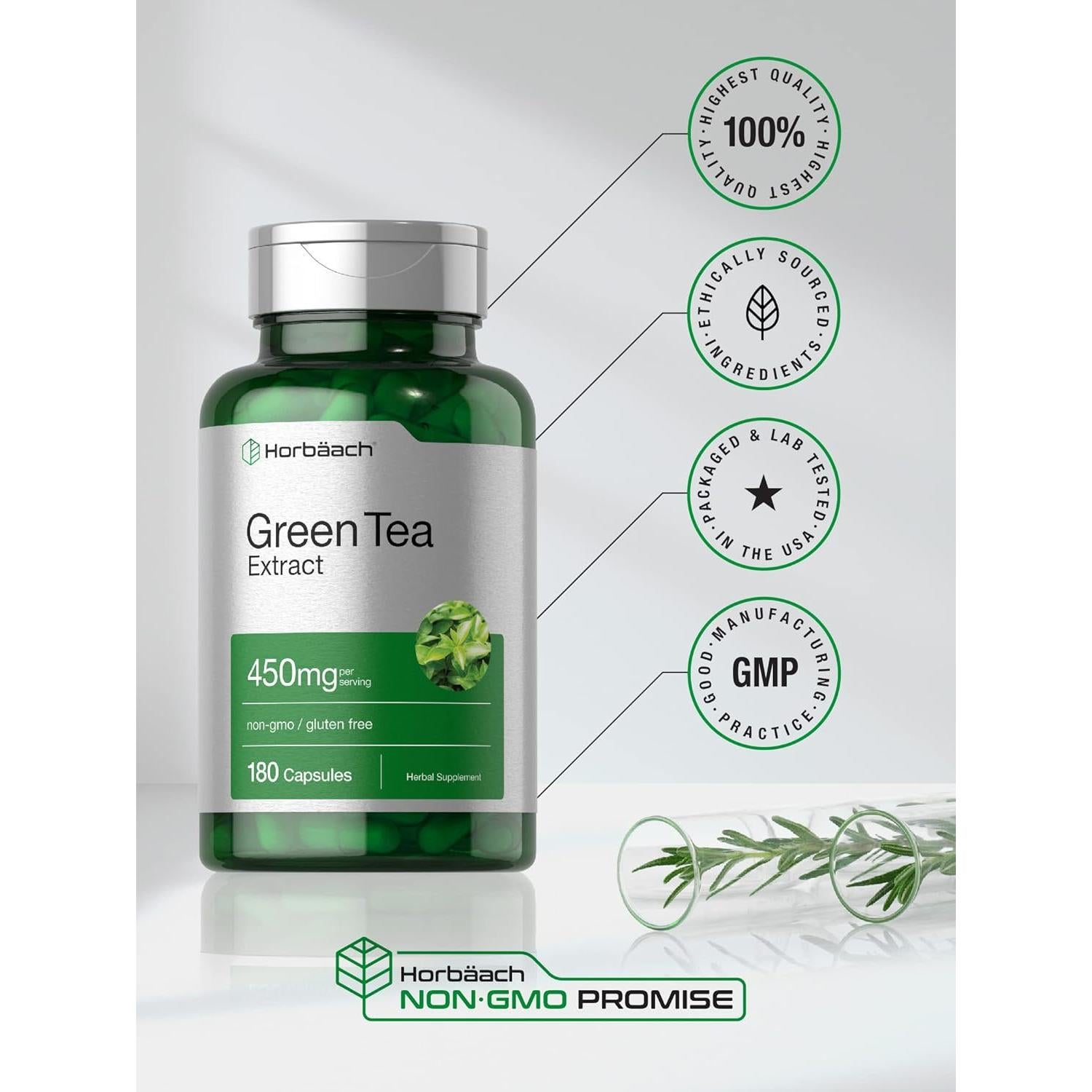 Cápsulas de Extracto de Té Verde Horbäach 450mg - 180 Unidades - Sin OGM y Gluten