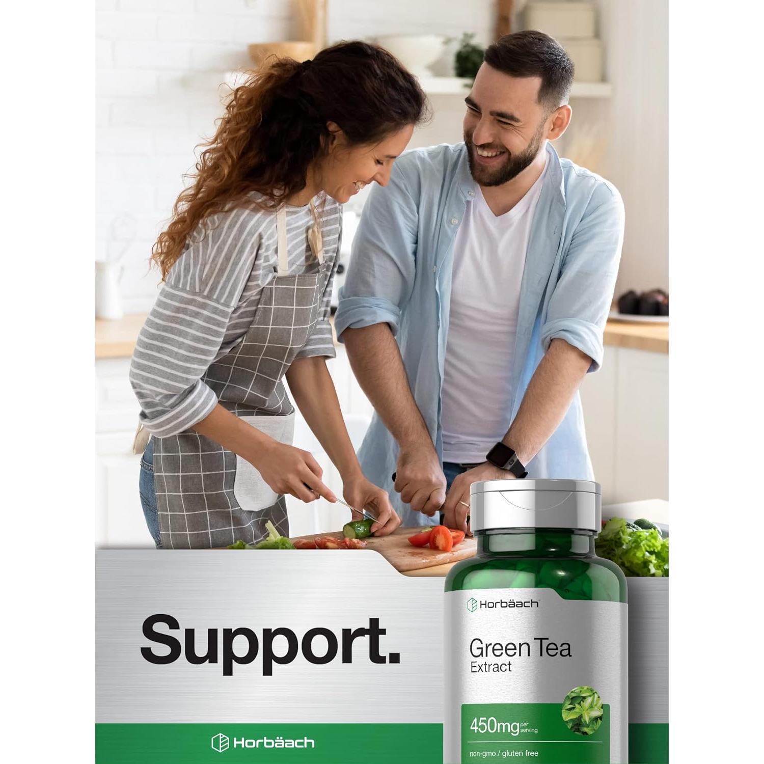 Cápsulas de Extracto de Té Verde Horbäach 450mg - 180 Unidades - Sin OGM y Gluten