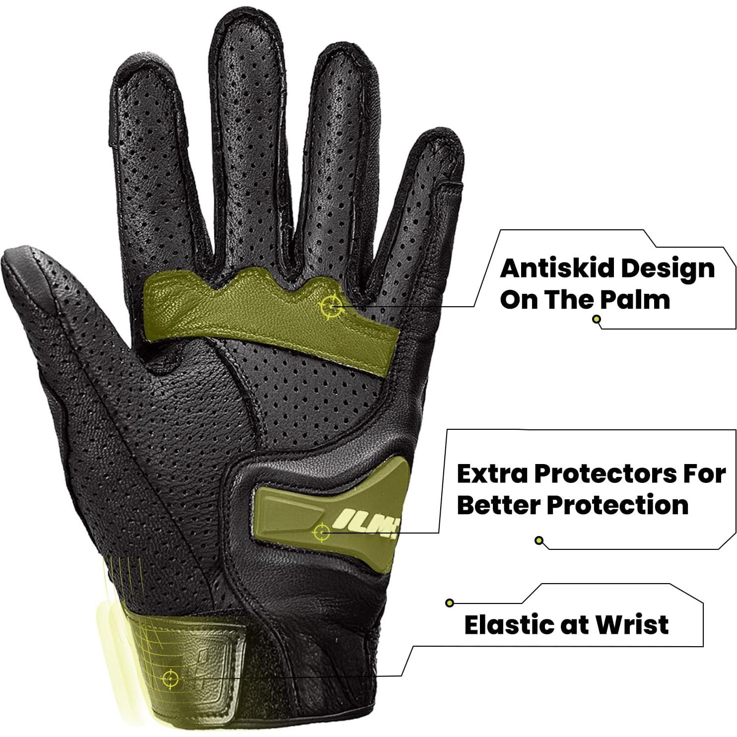 Guantes de Motocicleta ILM DN01, Cuero de Cabra, Negro