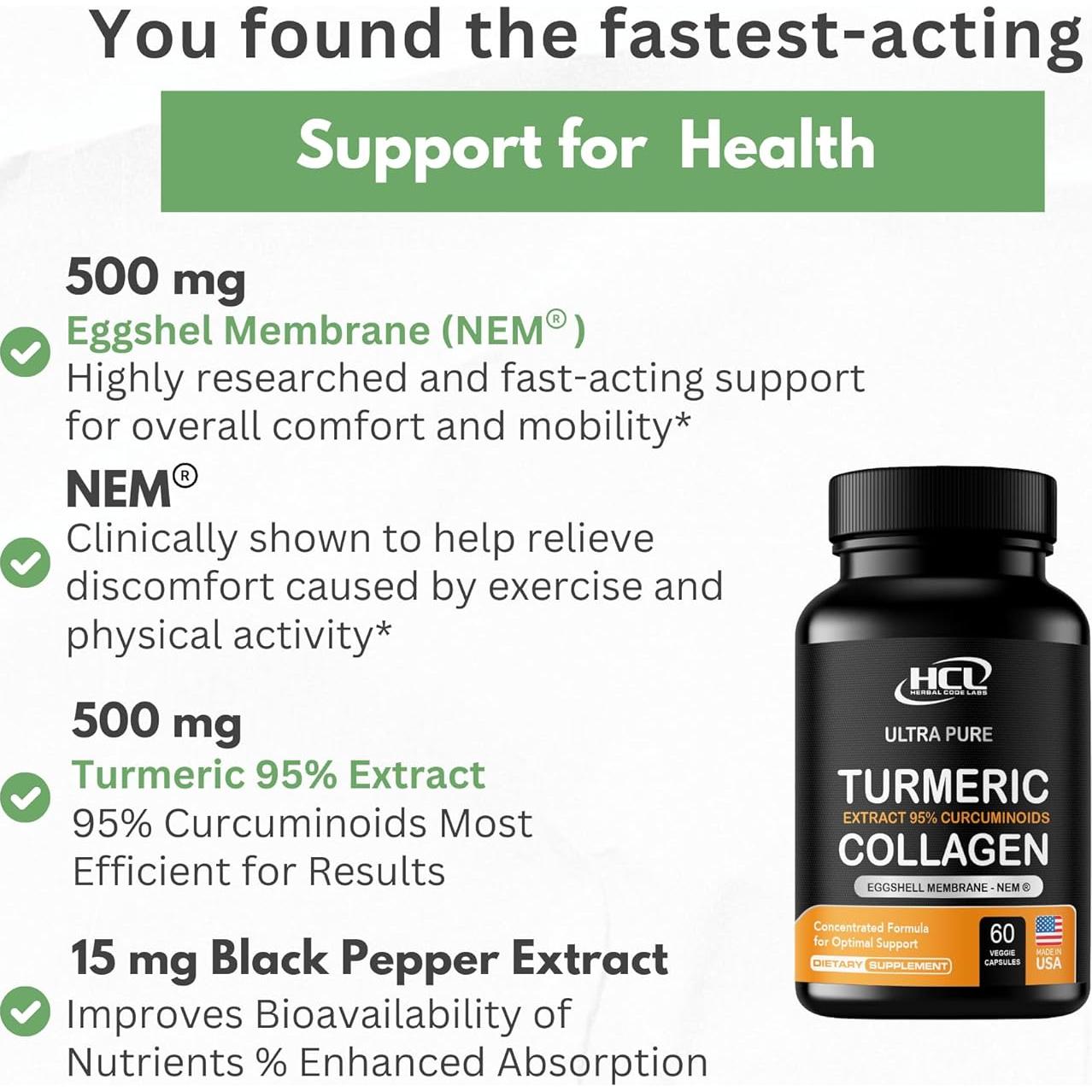 Cápsulas de Cúrcuma Curcumina 95% con Colágeno HCL - 60 Unidades