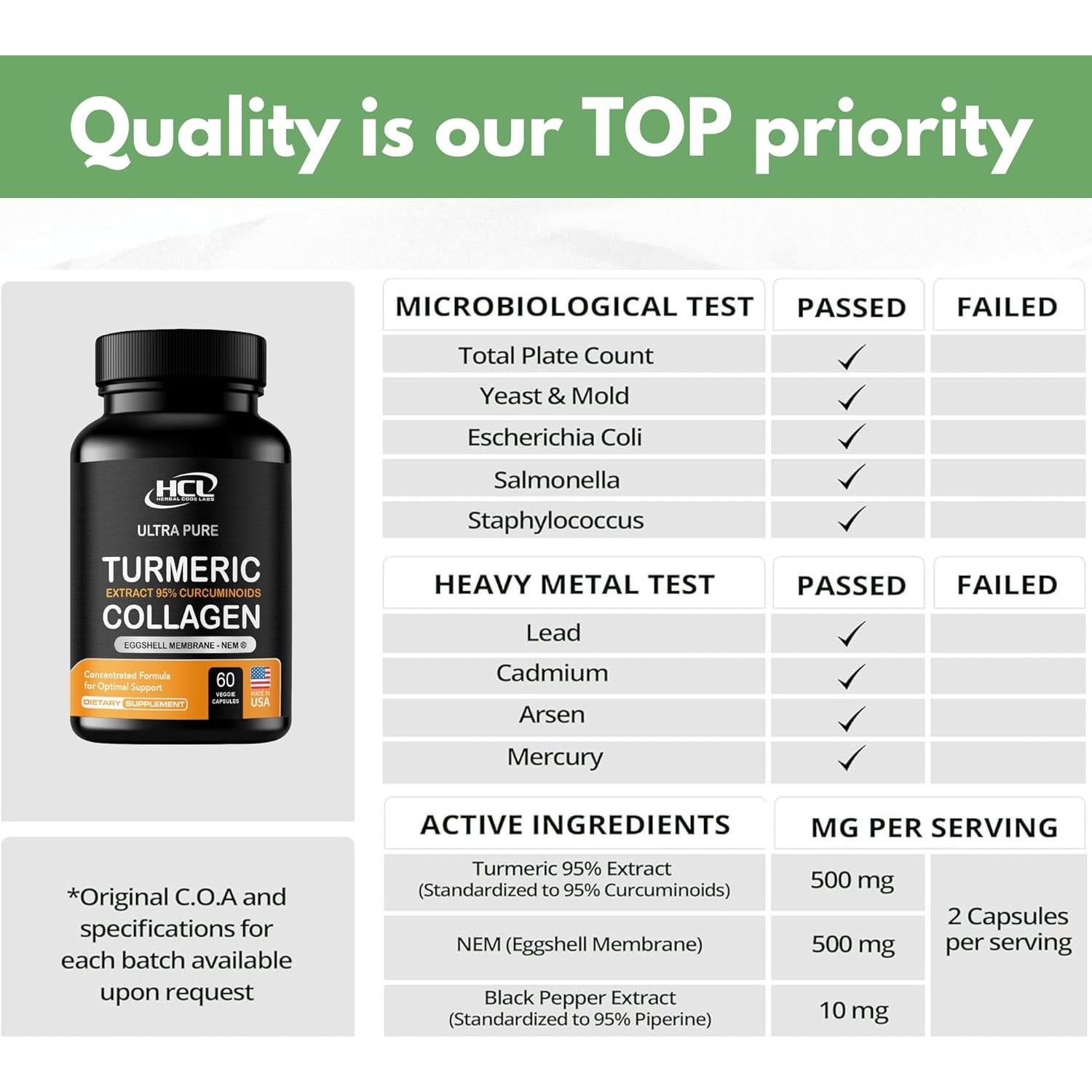 Cápsulas de Cúrcuma Curcumina 95% con Colágeno HCL - 60 Unidades