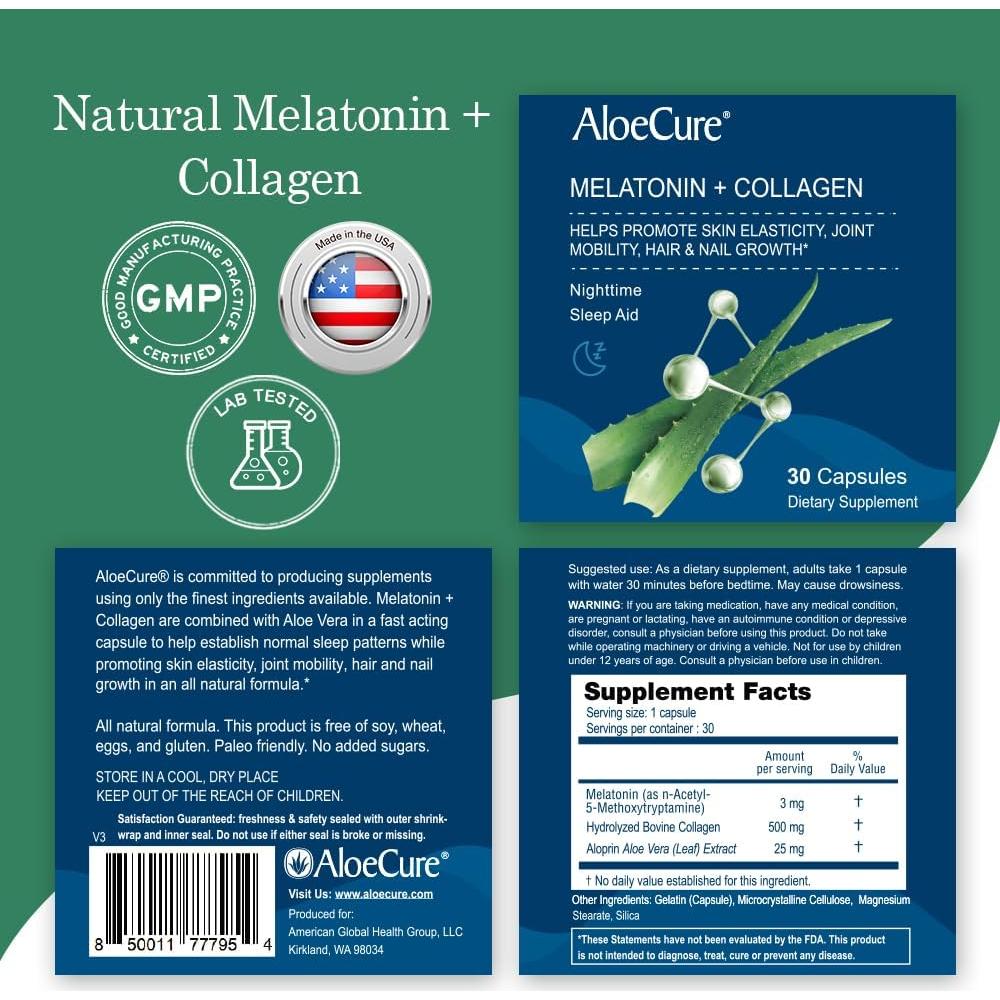 AloeCure Melatonina y Colágeno con Aloe Vera Orgánico - 30 Cápsulas
