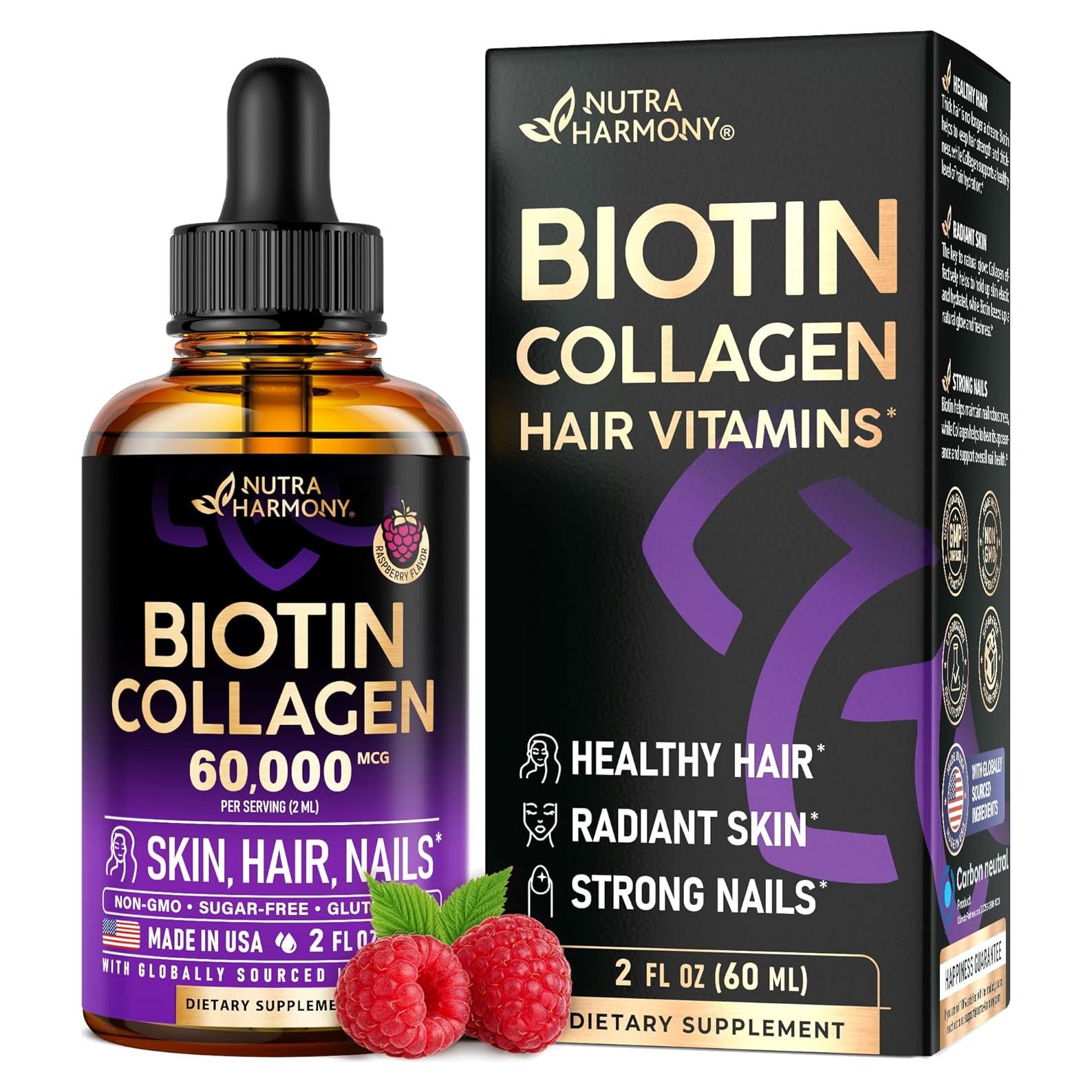 Gotas de Biotina y Colágeno Nutraharmony 60000 mcg - Suplemento para Cabello, Piel y Uñas