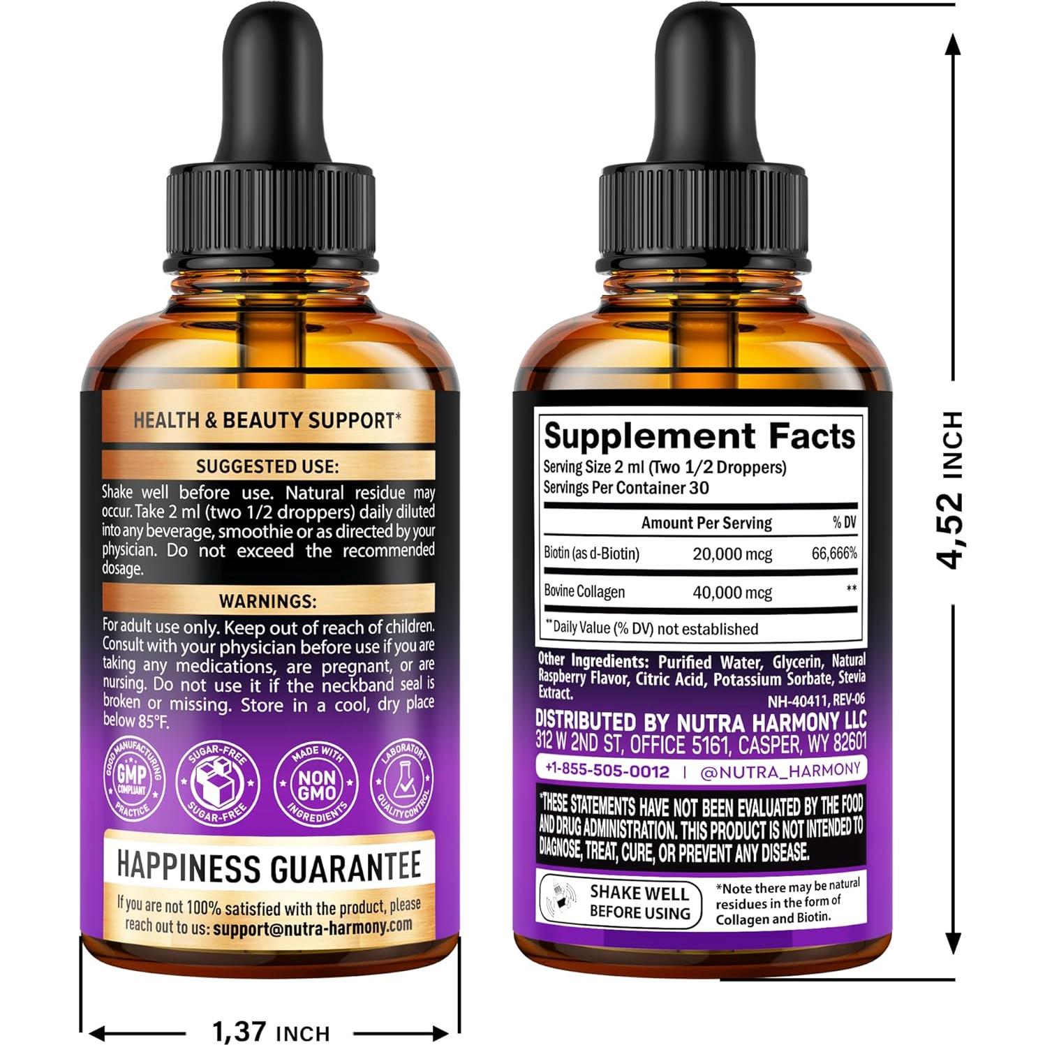 Gotas de Biotina y Colágeno Nutraharmony 60000 mcg - Suplemento para Cabello, Piel y Uñas