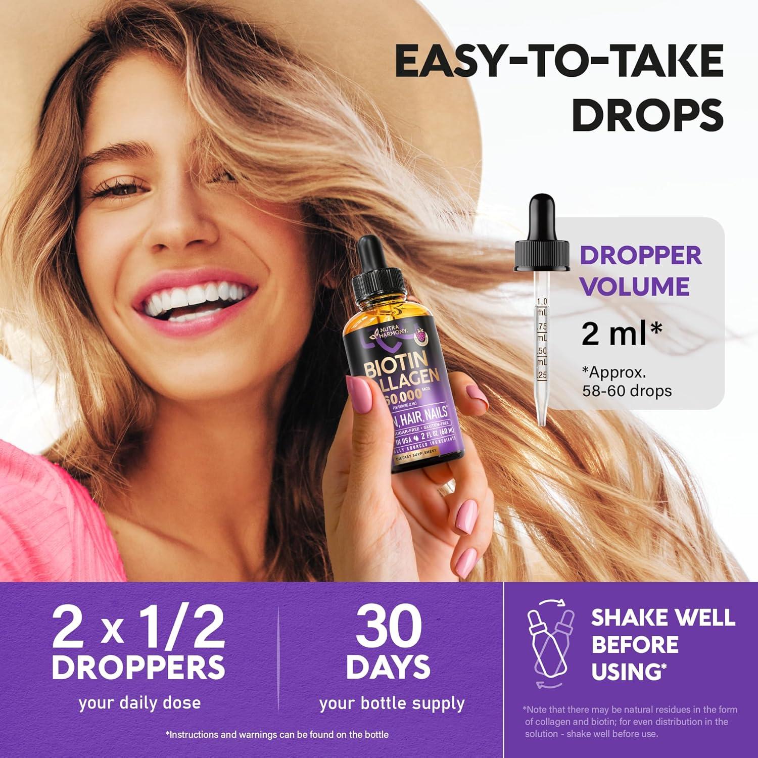 Gotas de Biotina y Colágeno Nutraharmony 60000 mcg - Suplemento para Cabello, Piel y Uñas