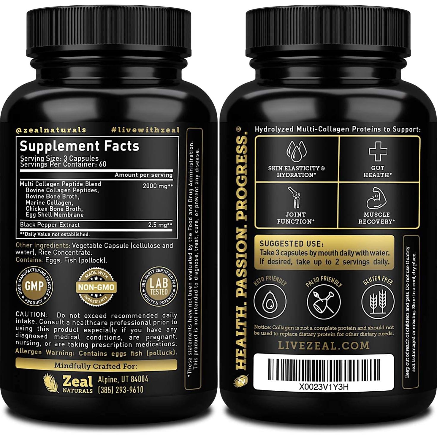 Píldoras de Colágeno Hidrolizado Zeal Naturals 180 Cápsulas