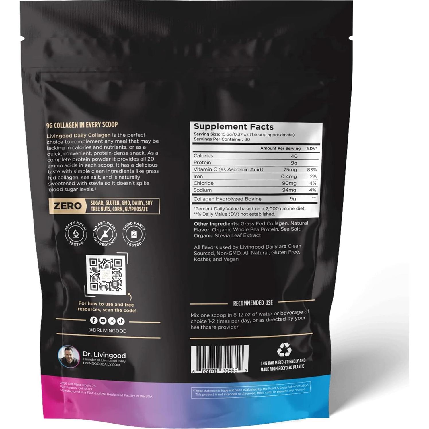 Polvo de colágeno hidrolizado Livingood Daily Vainilla 30 porciones