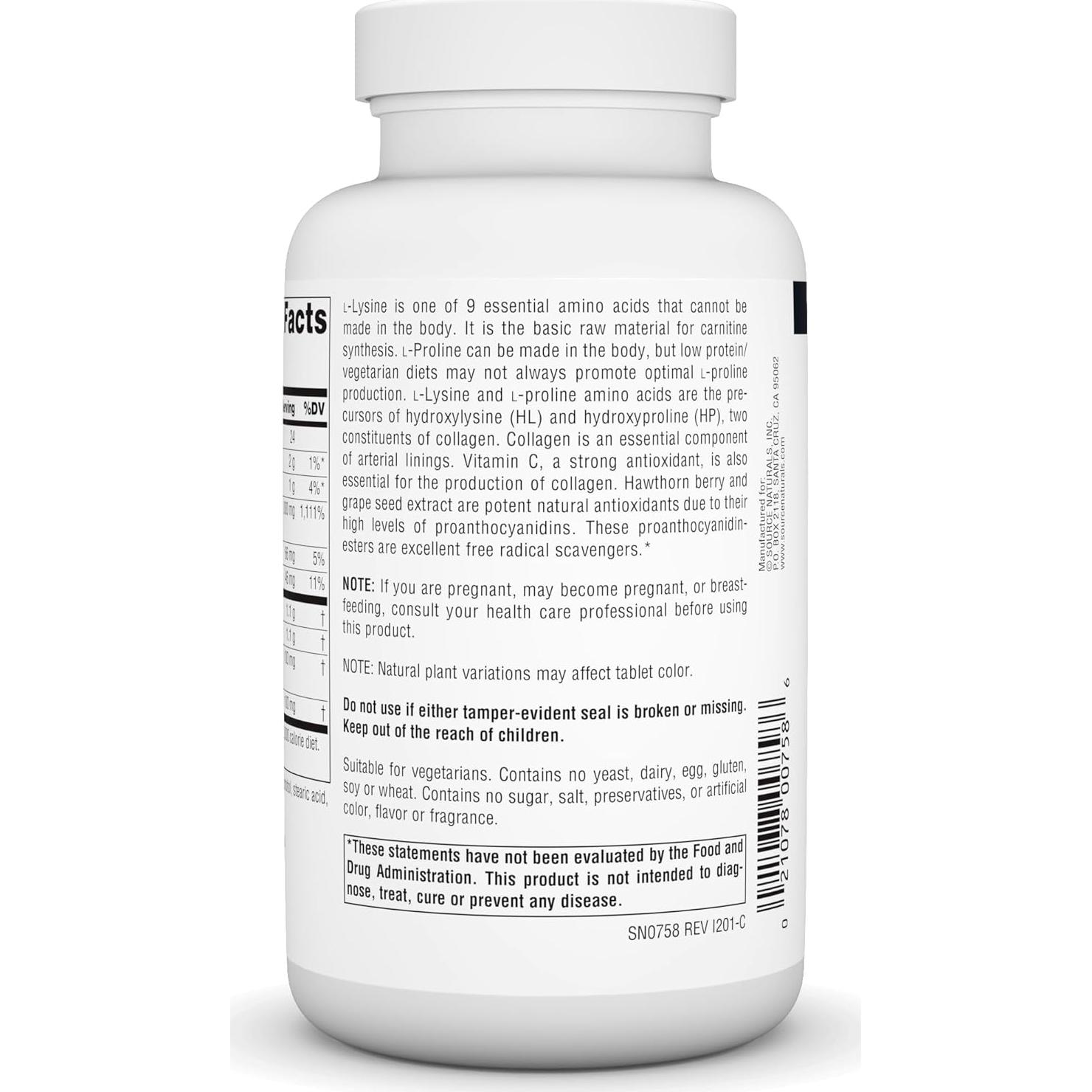 Source Naturals Prolina y Lisina 550 mg - 120 Tabletas Vegetarianas