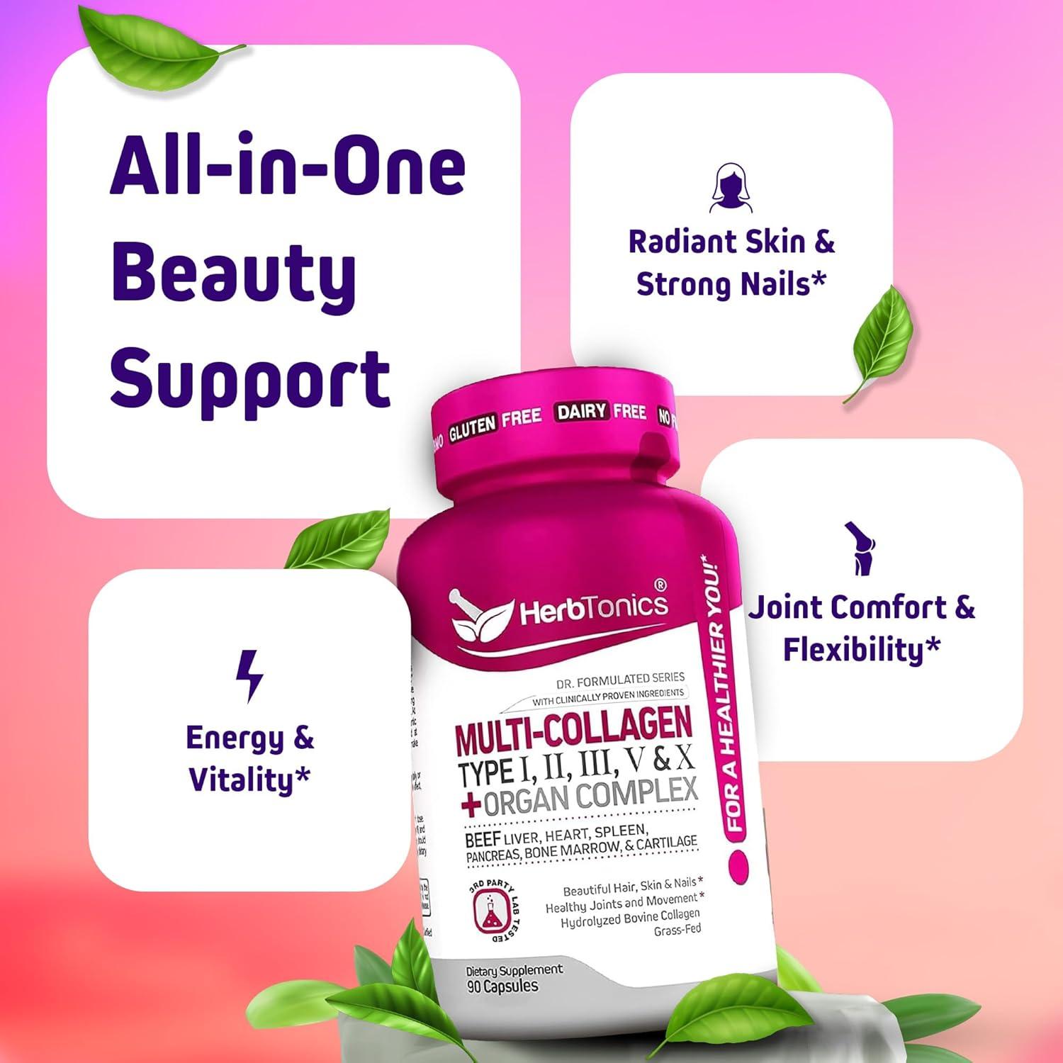 Cápsulas de Multi Colágeno Herbtonics 90 Unidades - 5 Tipos + Órganos