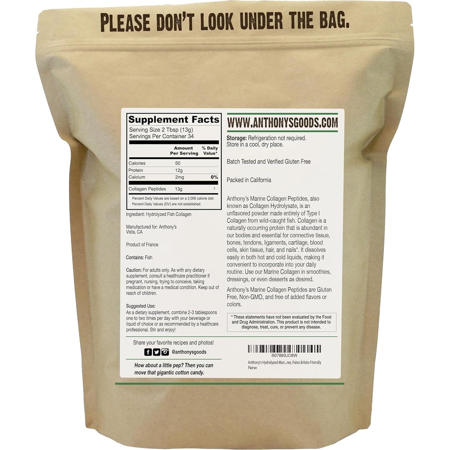 Colágeno Marino Hidrolizado Anthony's 0.45 kg Sin Gluten