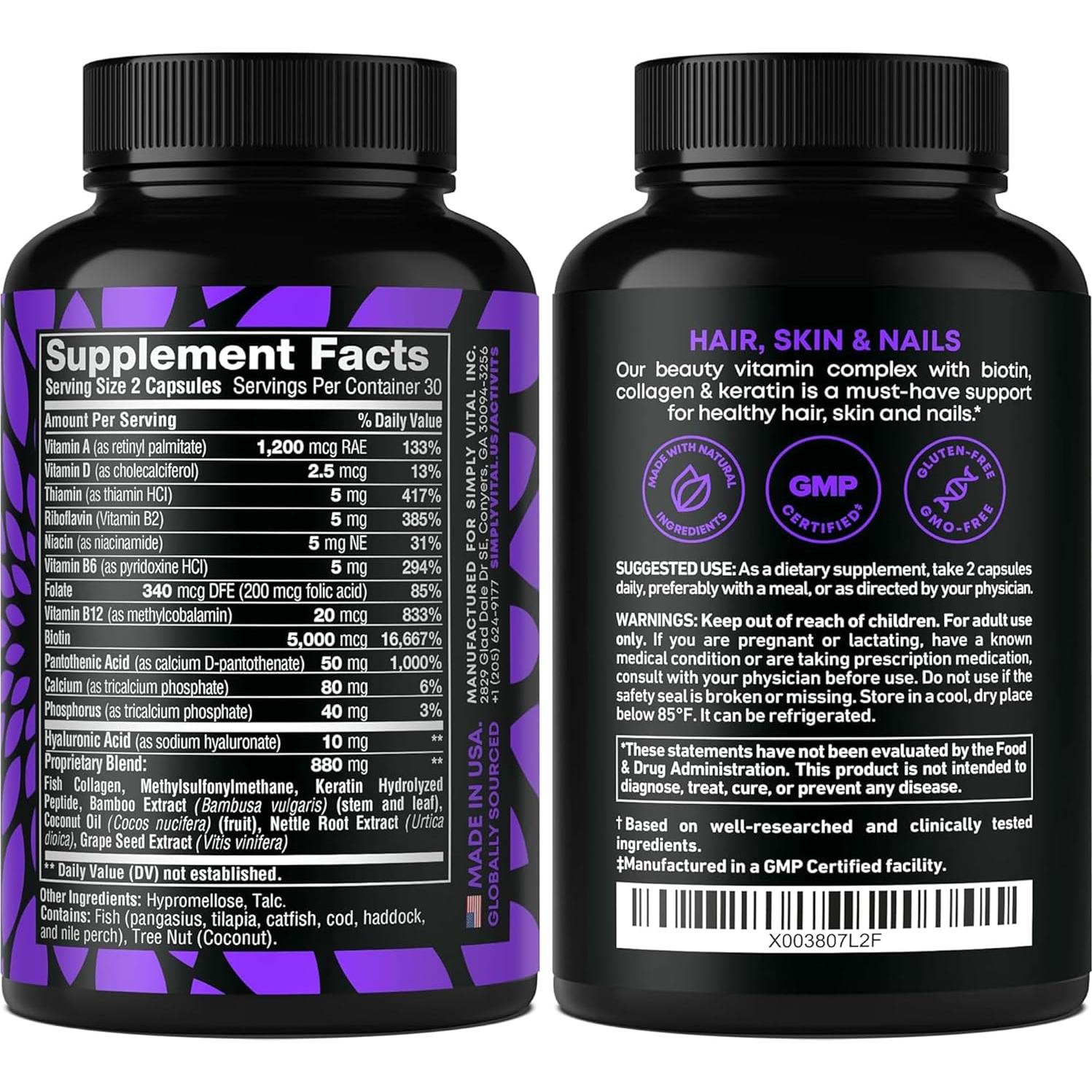 Suplemento de Biotina y Colágeno SimplyVital 25000 mcg 60 Cápsulas