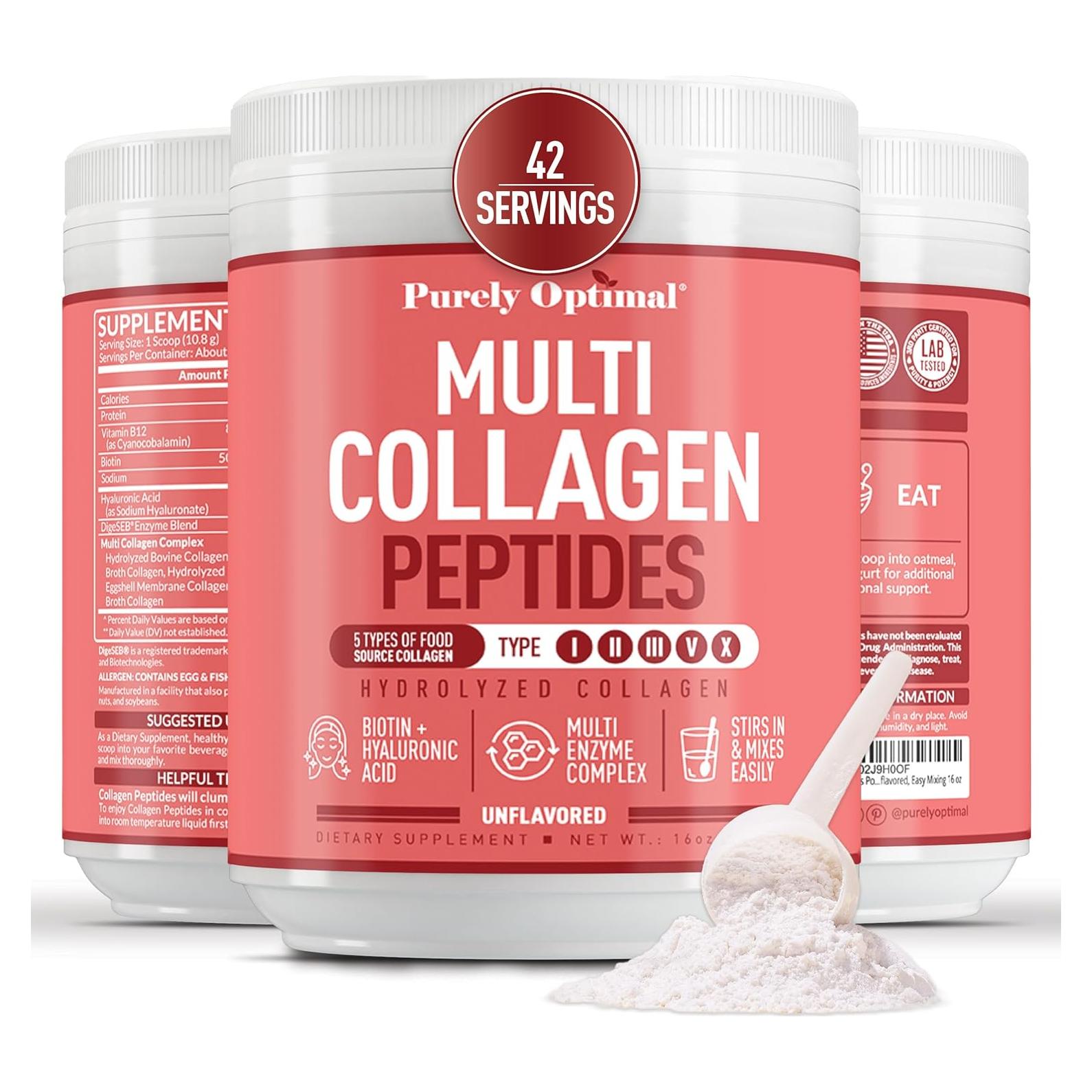 Purely Optimal Multi Collagen Powder for Women - 5 Types Hydrolyzed Collagen Peptides with Biotin & Hyaluronic Acid for Hair, Skin, Nails, Bones & Joints - Unflavored, Easy Mixing, 42 Servings