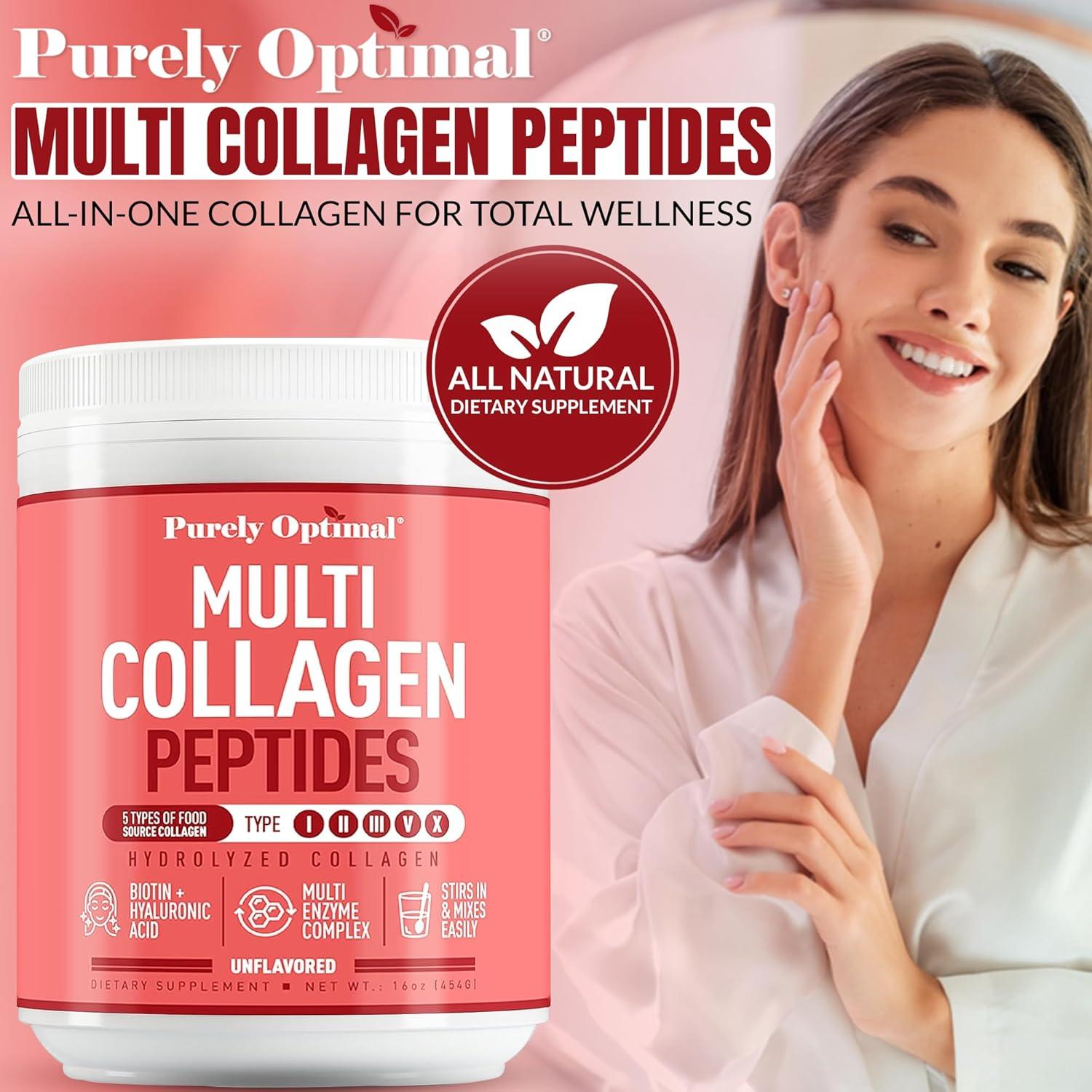 Purely Optimal Multi Collagen Powder for Women - 5 Types Hydrolyzed Collagen Peptides with Biotin & Hyaluronic Acid for Hair, Skin, Nails, Bones & Joints - Unflavored, Easy Mixing, 42 Servings