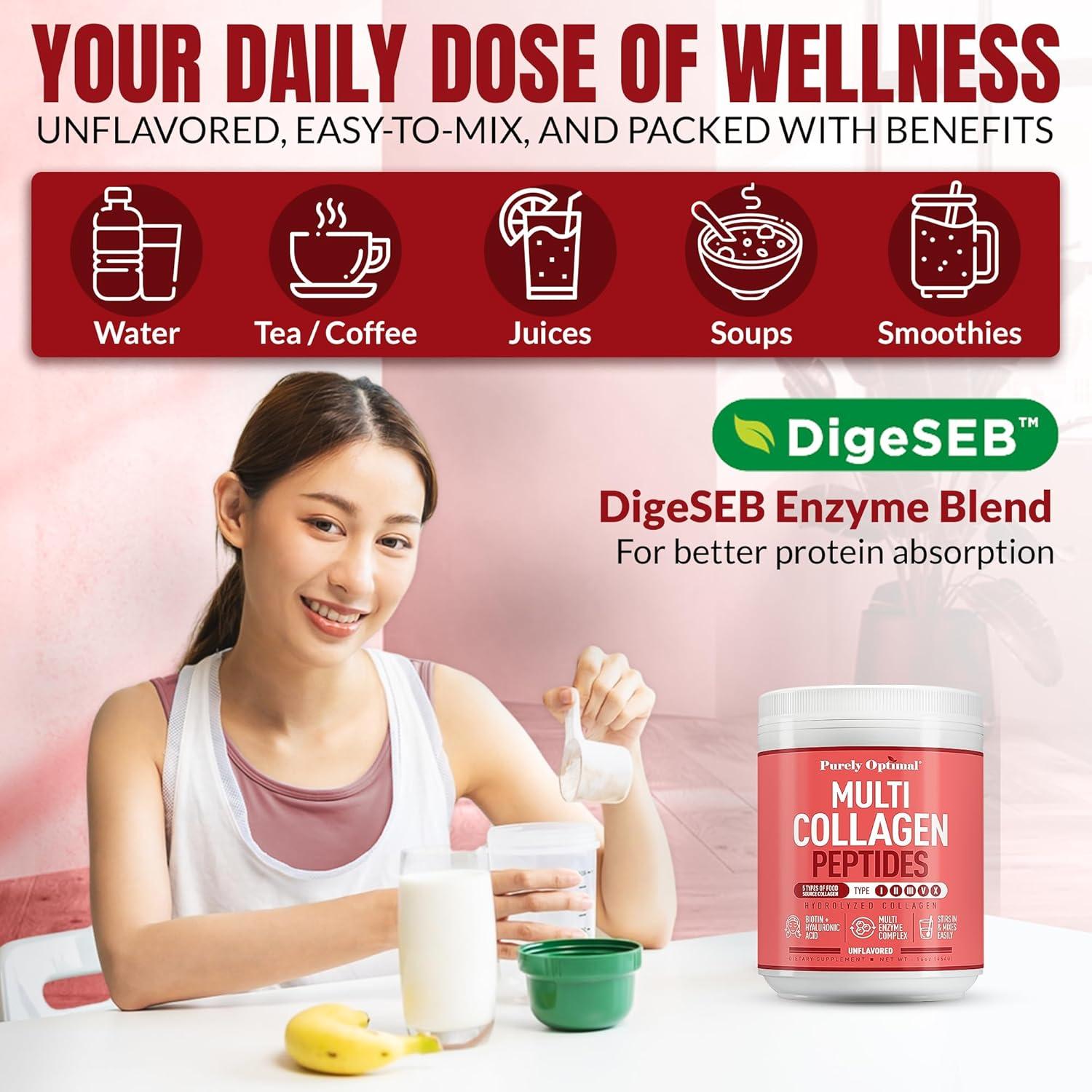 Purely Optimal Multi Collagen Powder for Women - 5 Types Hydrolyzed Collagen Peptides with Biotin & Hyaluronic Acid for Hair, Skin, Nails, Bones & Joints - Unflavored, Easy Mixing, 42 Servings