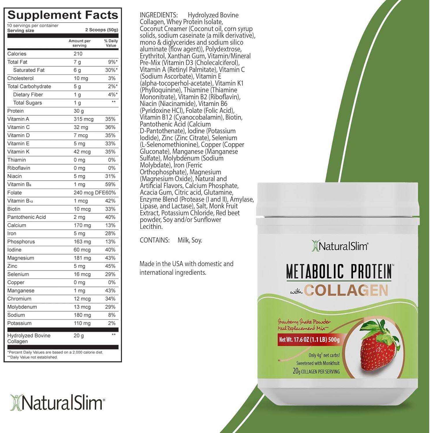 NaturalSlim Proteína Metabólica con Colágeno Sabor Fresa 499g