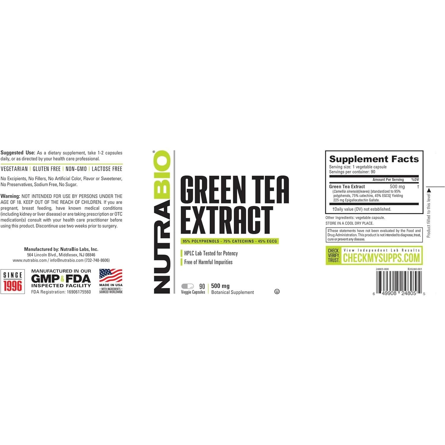 Extracto de Té Verde NutraBio 500mg - 90 Cápsulas Antioxidantes