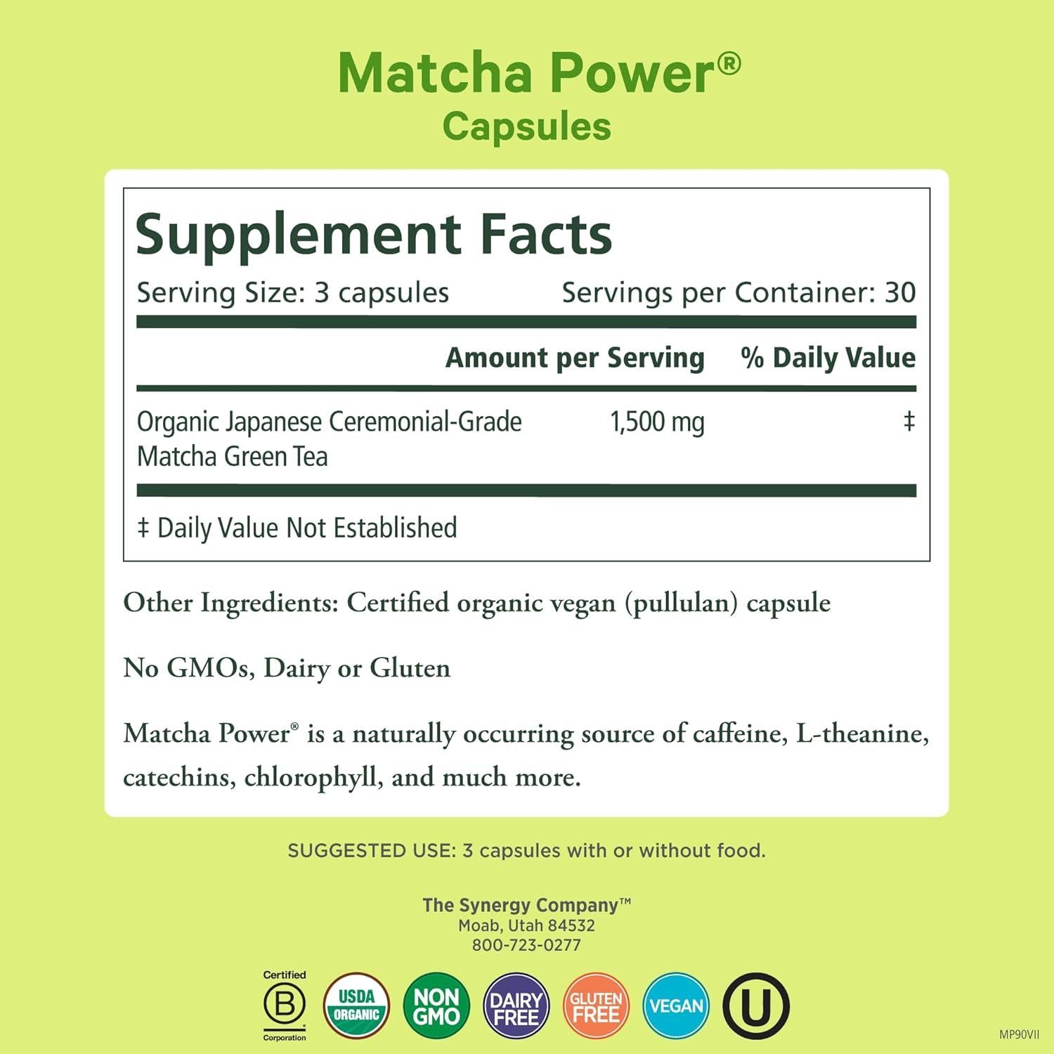 Cápsulas de Matcha Orgánico Synergy - 90 Cápsulas 1500 mg