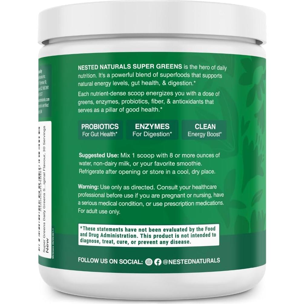 Polvo de Superalimentos Nested Naturals Super Greens 30 Porciones