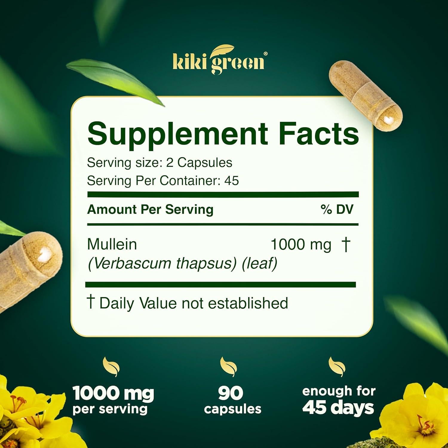 KIKI Green Extracto de Hoja de Mullein 1000mg - 90 Cápsulas Veganas