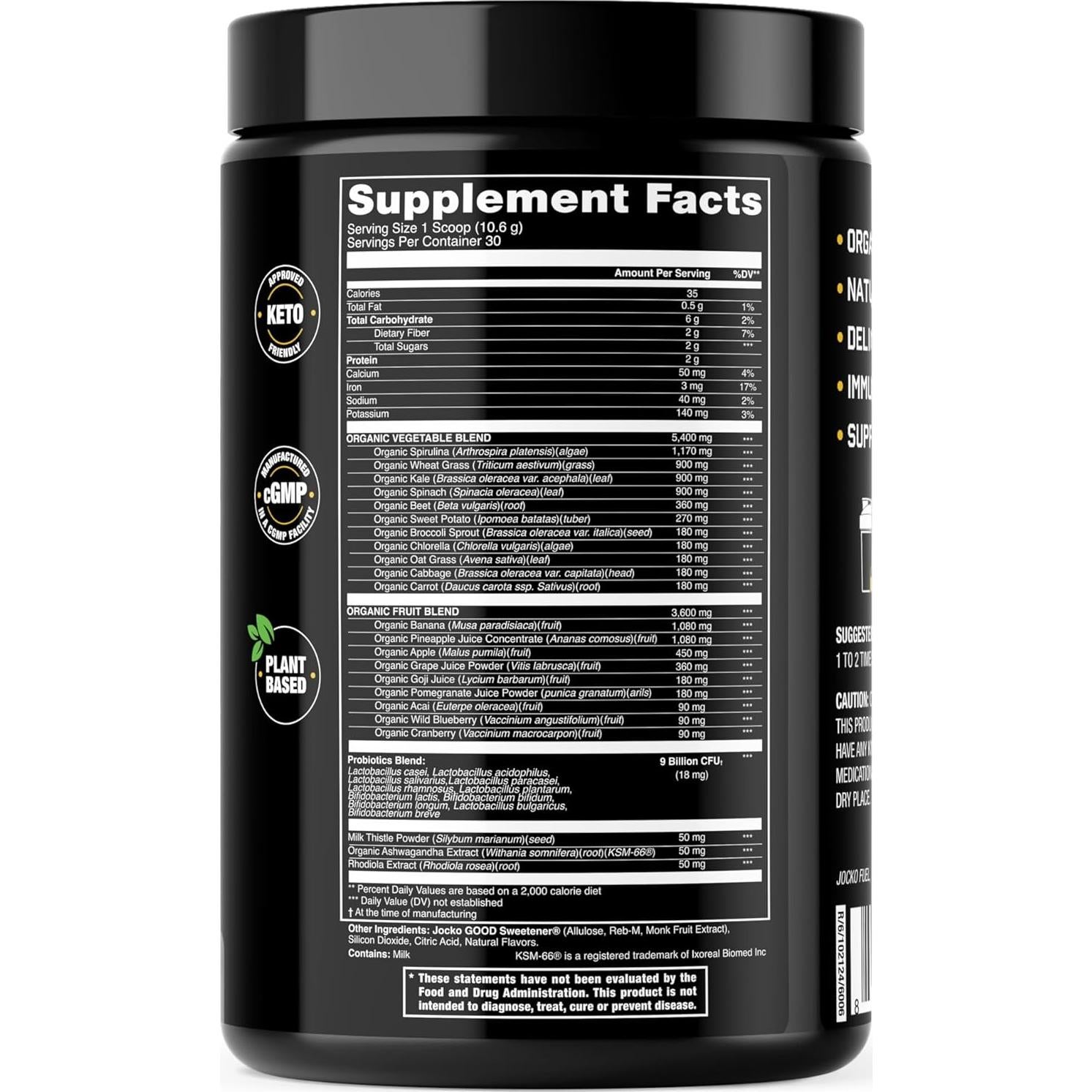 Jocko Fuel Polvo Verde Orgánico 30 Porciones Sabor Piña Coco