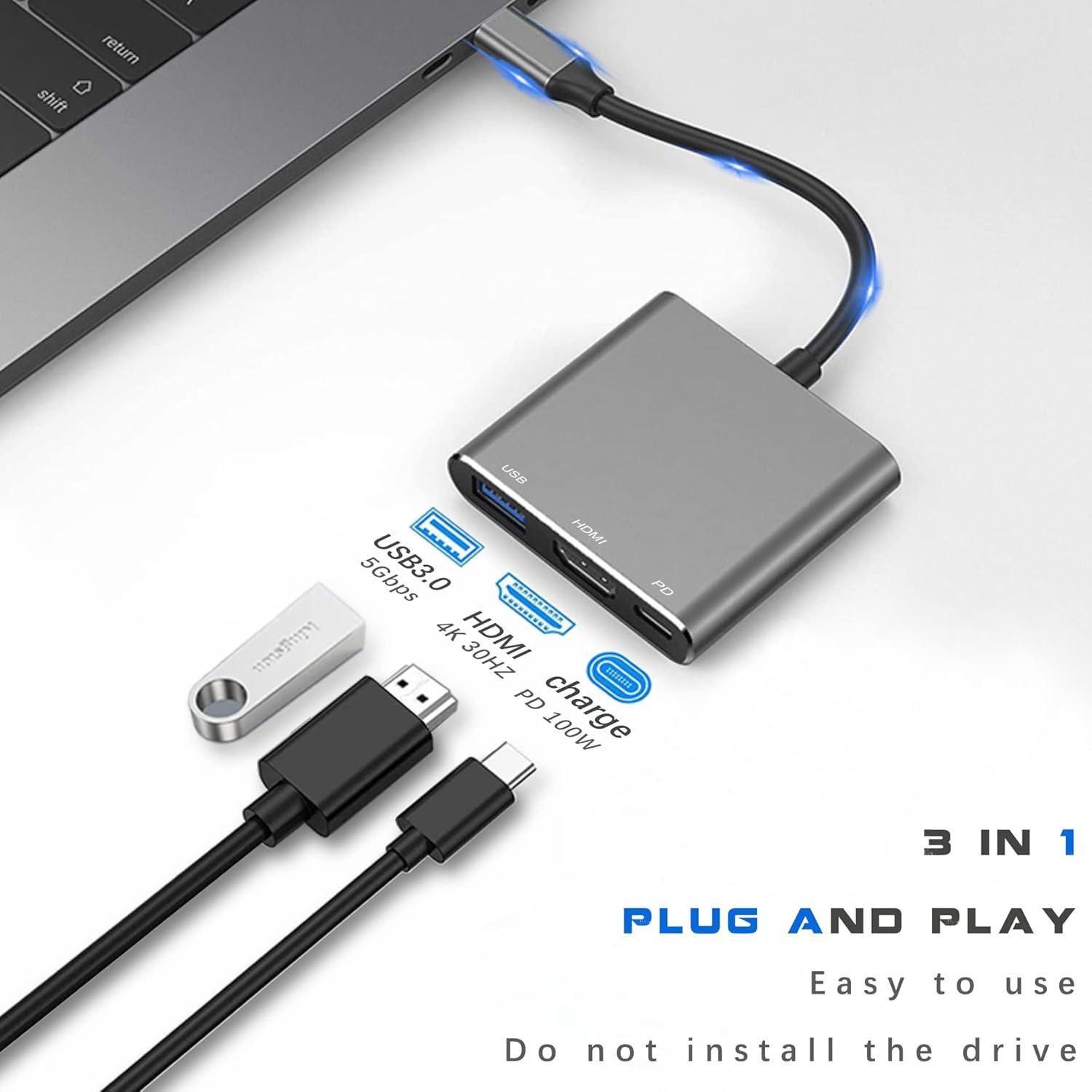 Adaptador USB-C a HDMI 4K Mindorlen con carga rápida