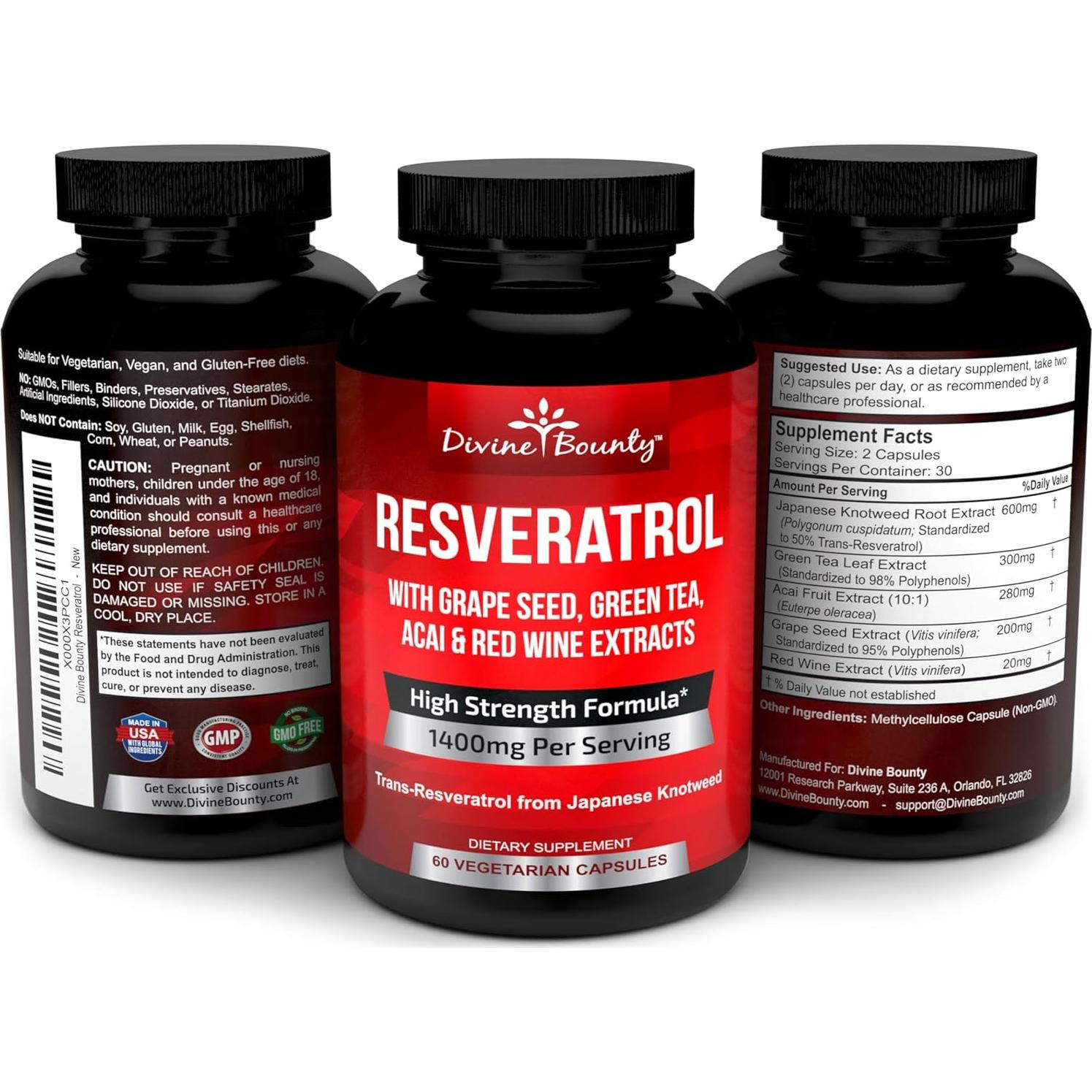 Suplemento de Resveratrol Divine Bounty 1400mg - 60 Cápsulas