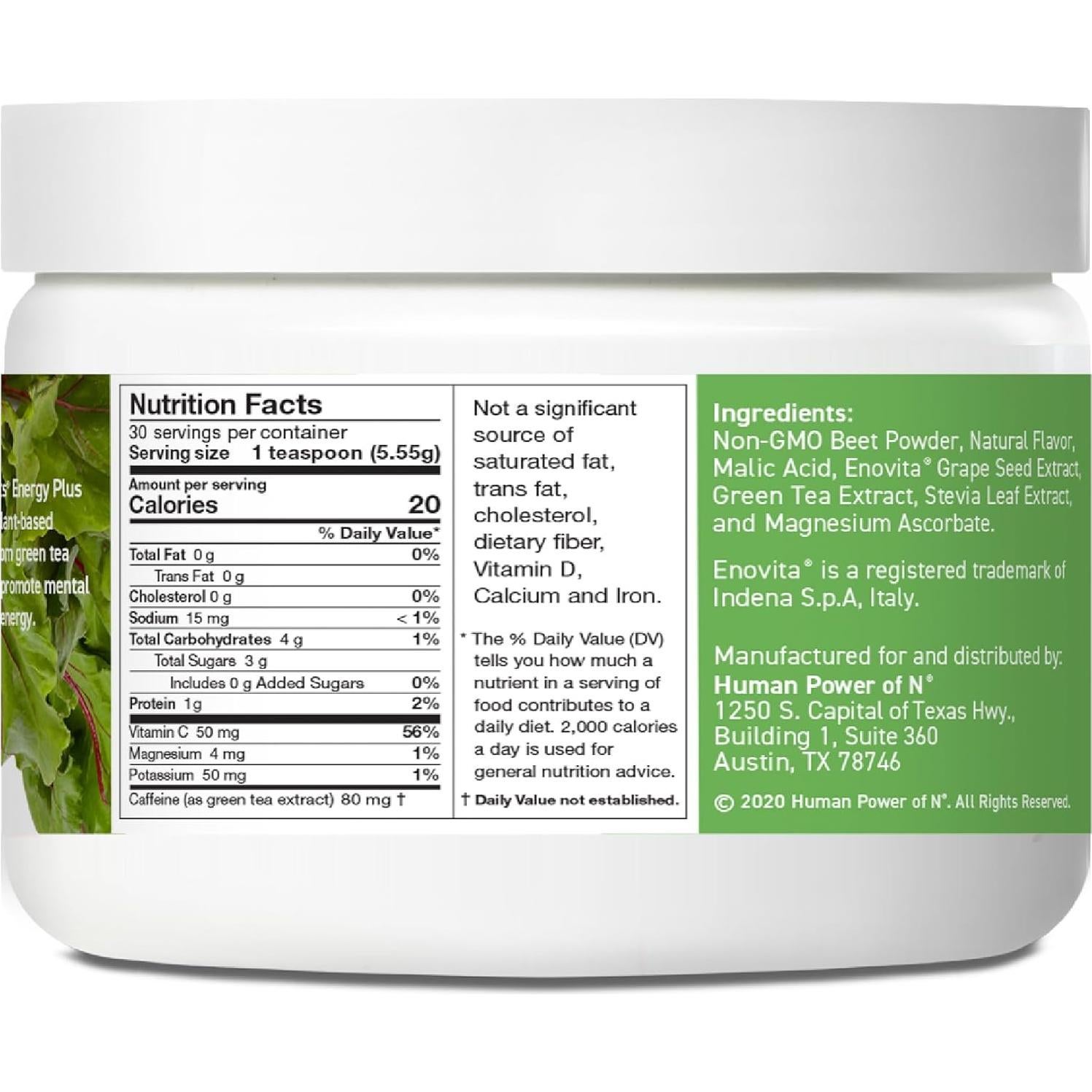 HumanN SuperBeets Energía Plus 166.5g - Polvo de Remolacha y Té Verde