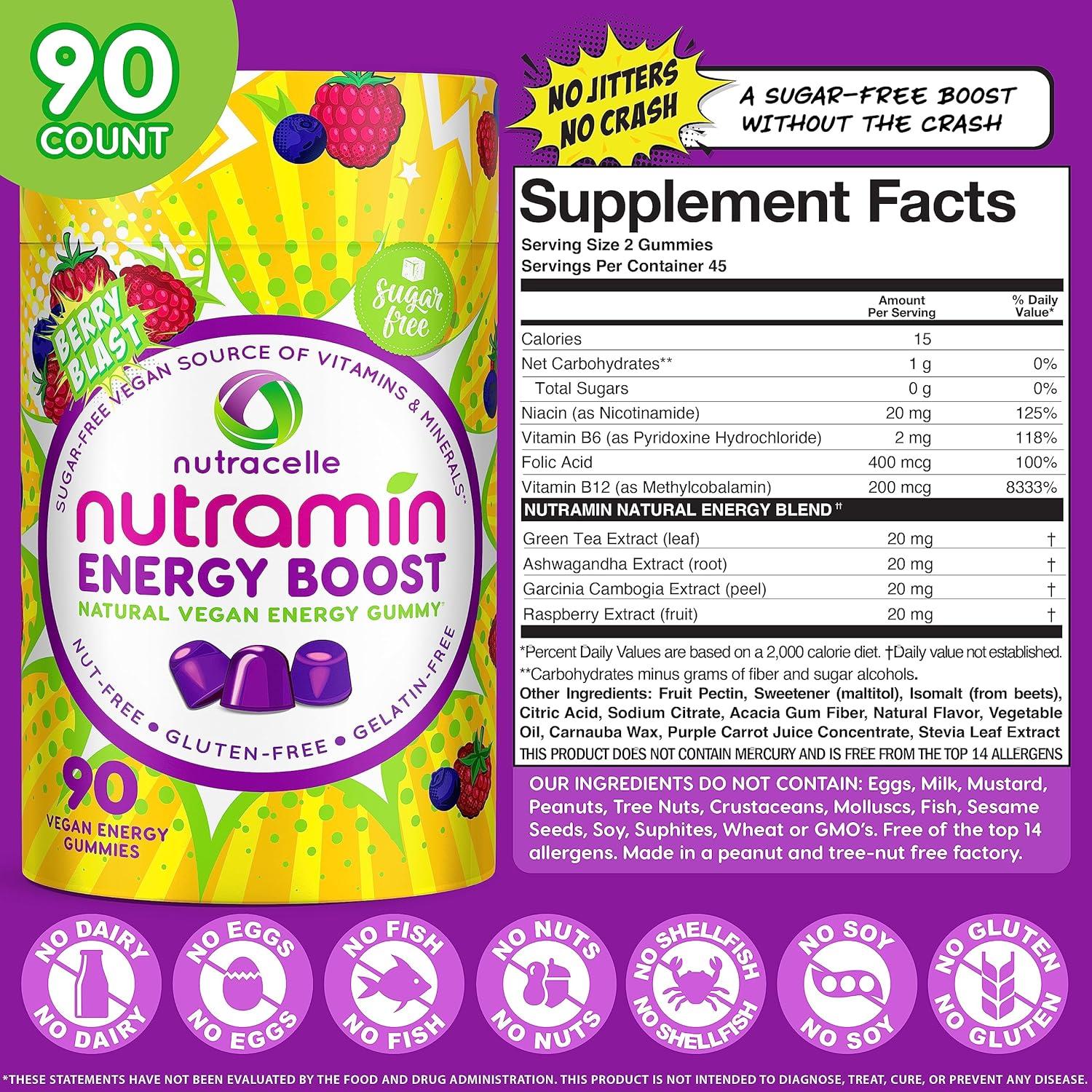 Gomitas Energéticas Nutramin Energy Boost - 90 unidades, Sin Azúcar, Veganas, B12, Ashwagandha
