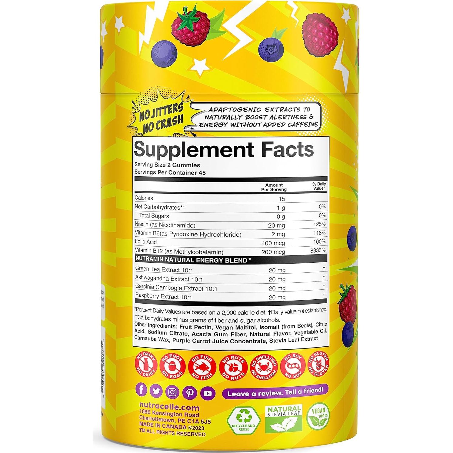 Gomitas Energéticas Nutramin Energy Boost - 90 unidades, Sin Azúcar, Veganas, B12, Ashwagandha