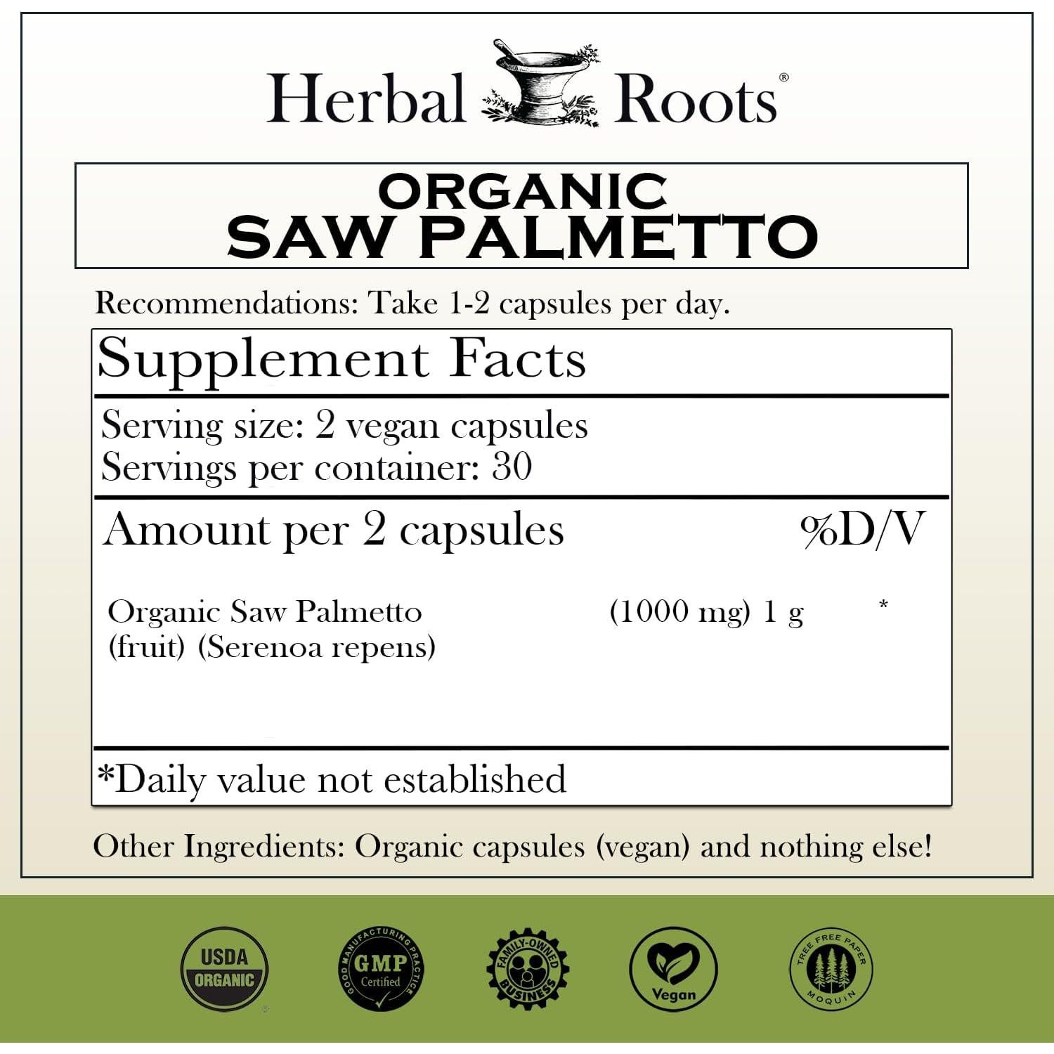 Cápsulas de Saw Palmetto Orgánico Herbal Roots 1000mg 60 Unidades