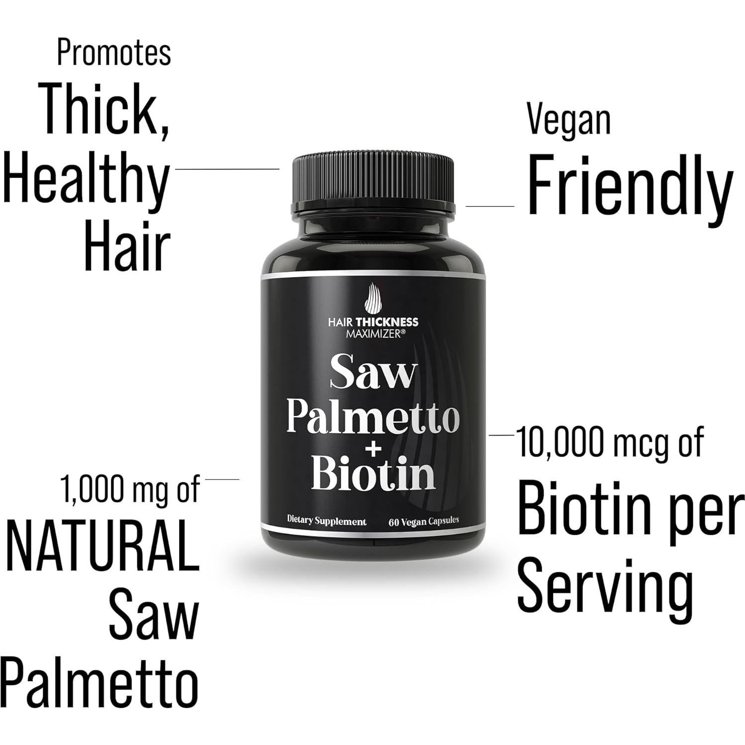 Suplemento Vegano de Saw Palmetto y Biotina 10000mcg - Hair Thickness Maximizer