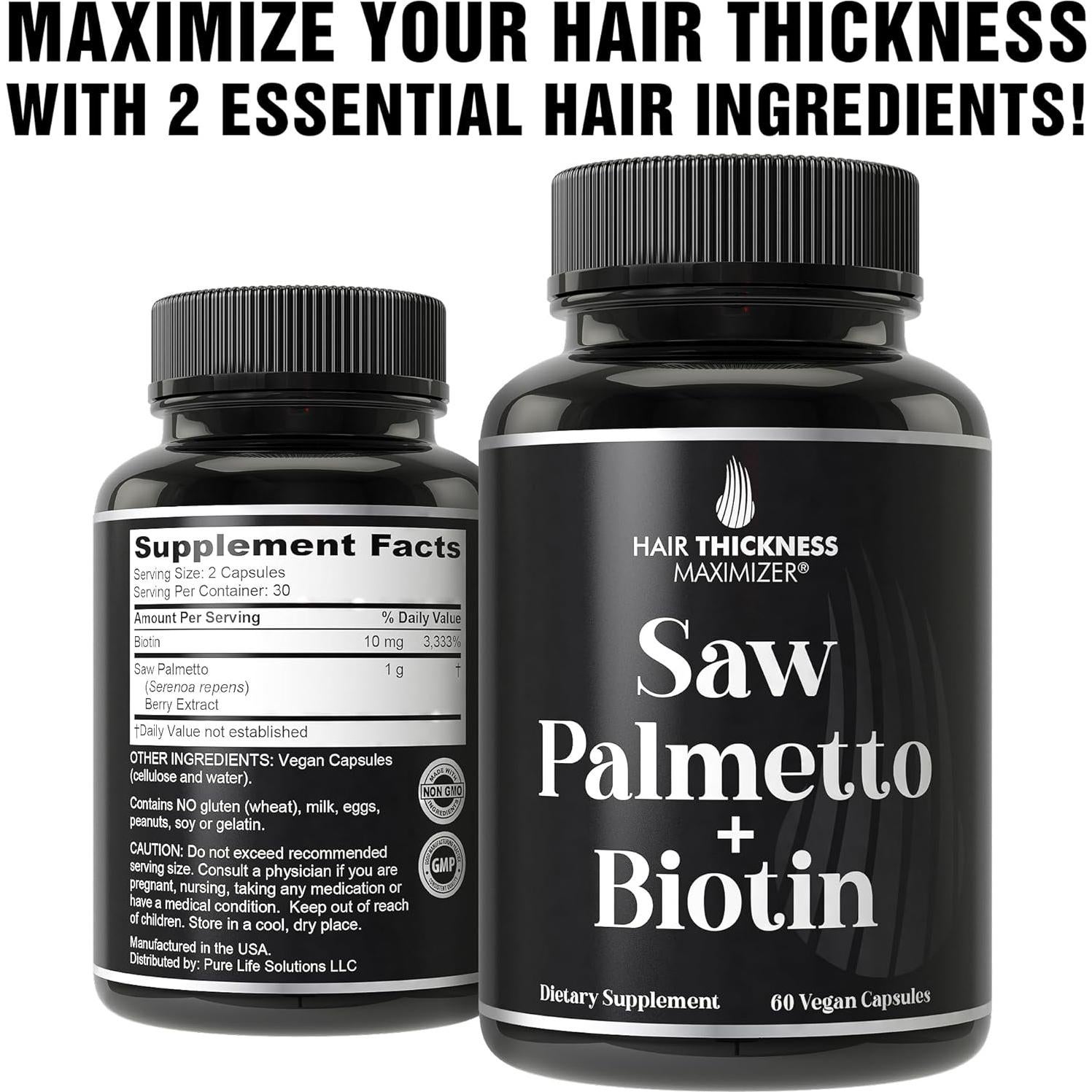 Suplemento Vegano de Saw Palmetto y Biotina 10000mcg - Hair Thickness Maximizer