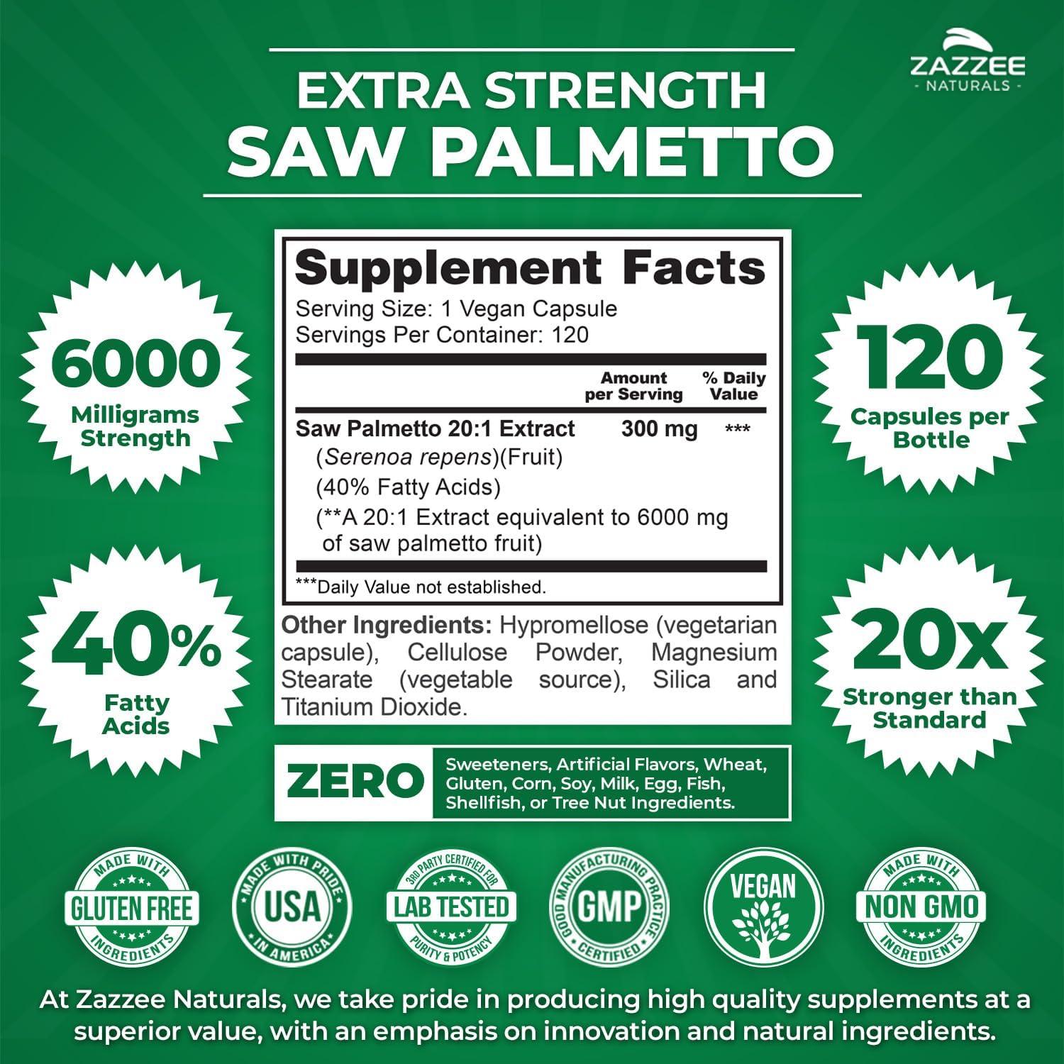 Zazzee Extracto de Saw Palmetto 6000 mg 120 Cápsulas Veganas