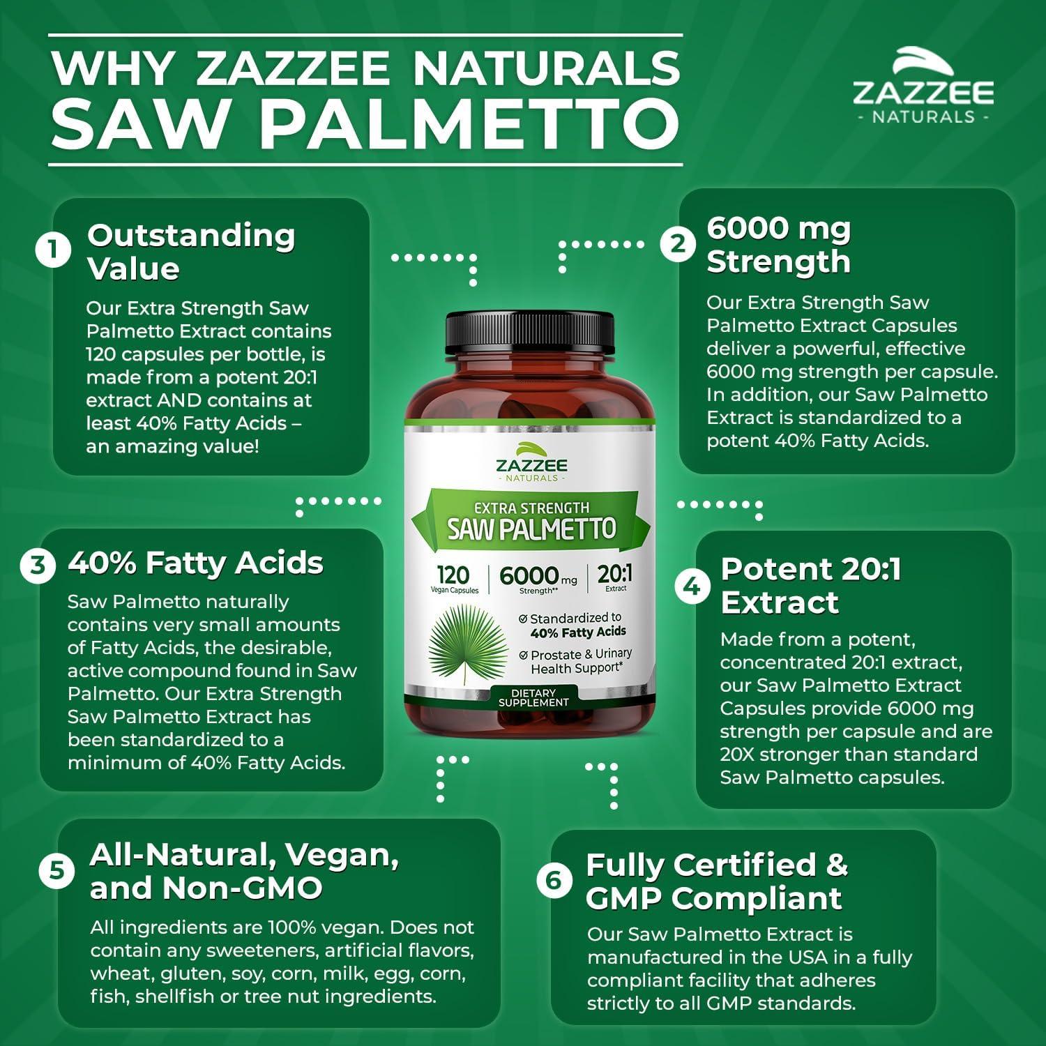 Zazzee Extracto de Saw Palmetto 6000 mg 120 Cápsulas Veganas
