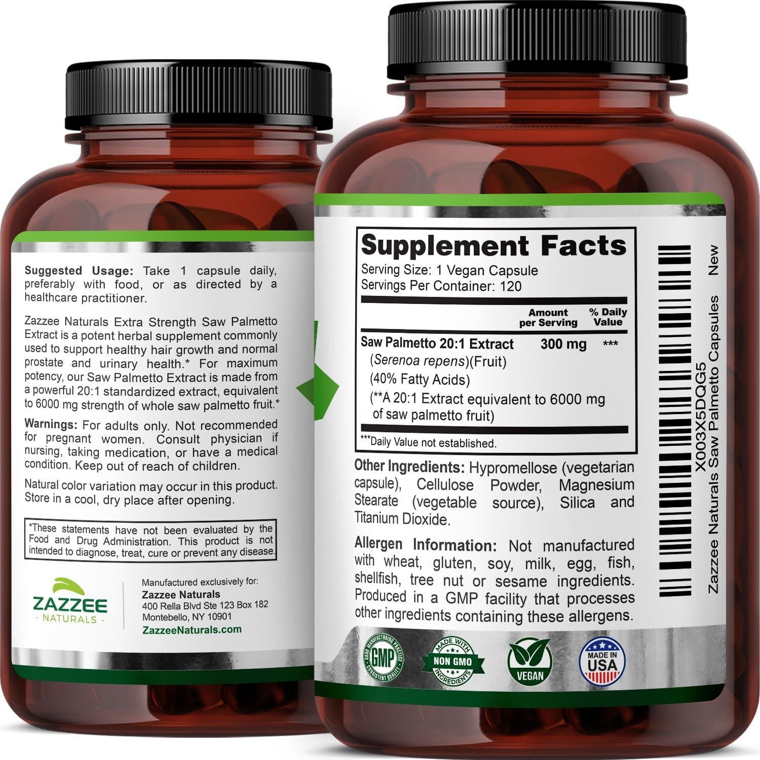 Zazzee Extracto de Saw Palmetto 6000 mg 120 Cápsulas Veganas