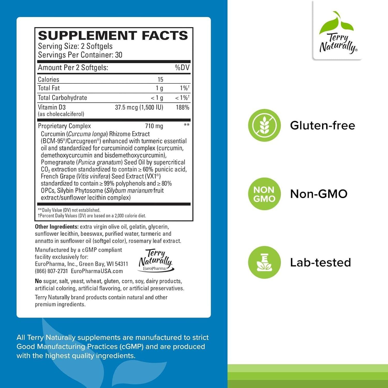 Suplemento Dietético Terry Naturally para Próstata - 60 Gelatinas Blandas con Curcumina y Extracto de Semilla de Uva