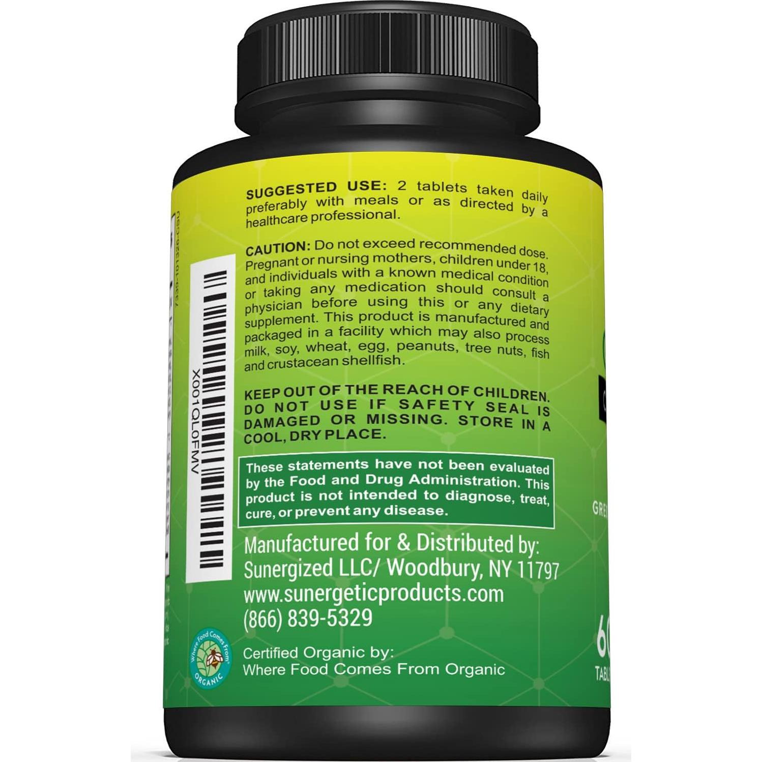 Tabletas de Superalimento Verde Orgánico Sunergetic - 60 Unidades