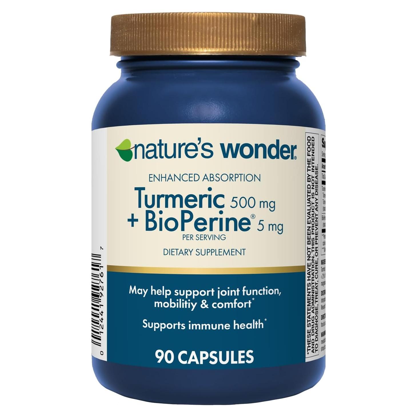 Suplemento de Cúrcuma Nature's Wonder 500mg con BioPerine 90 Cápsulas