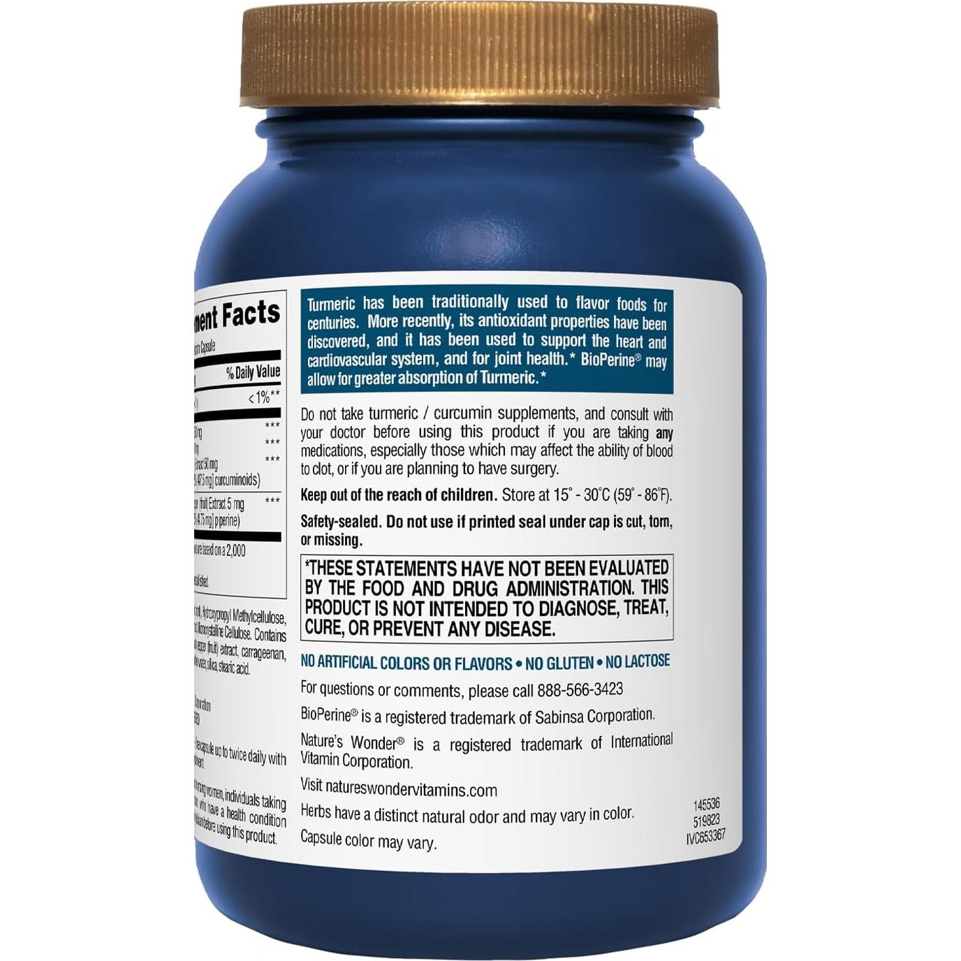 Suplemento de Cúrcuma Nature's Wonder 500mg con BioPerine 90 Cápsulas