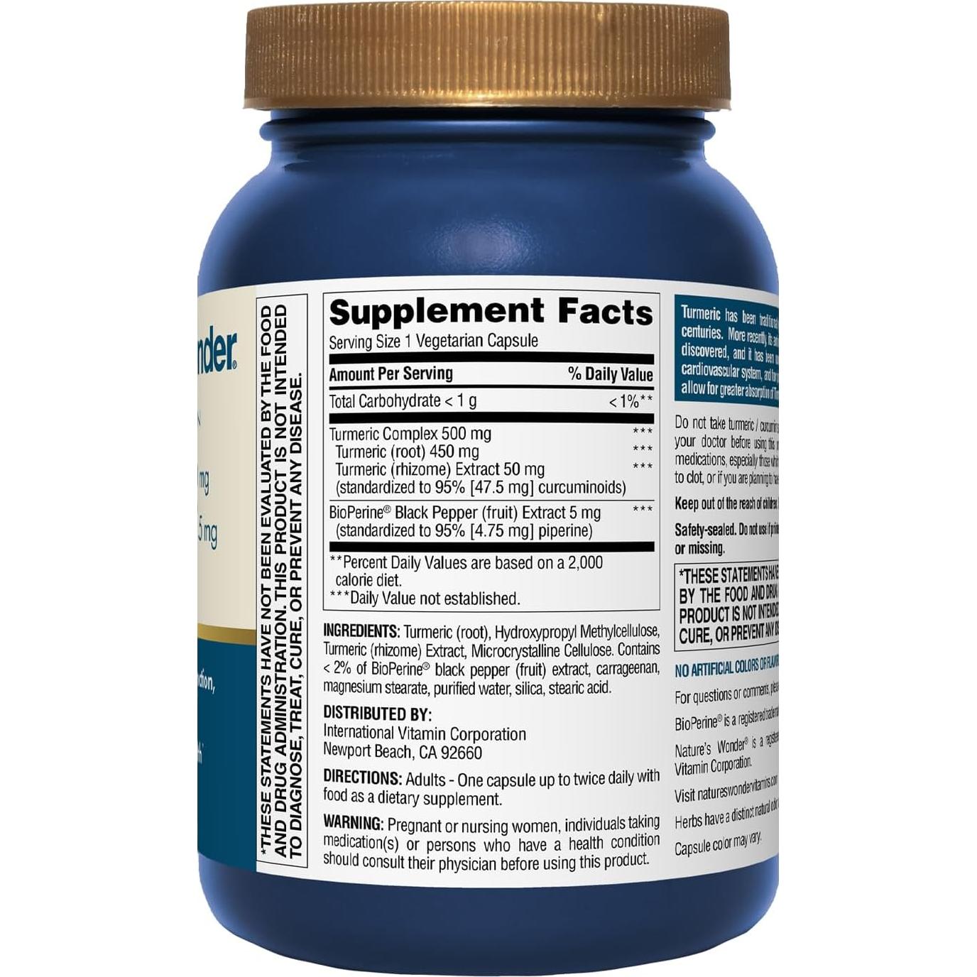 Suplemento de Cúrcuma Nature's Wonder 500mg con BioPerine 90 Cápsulas