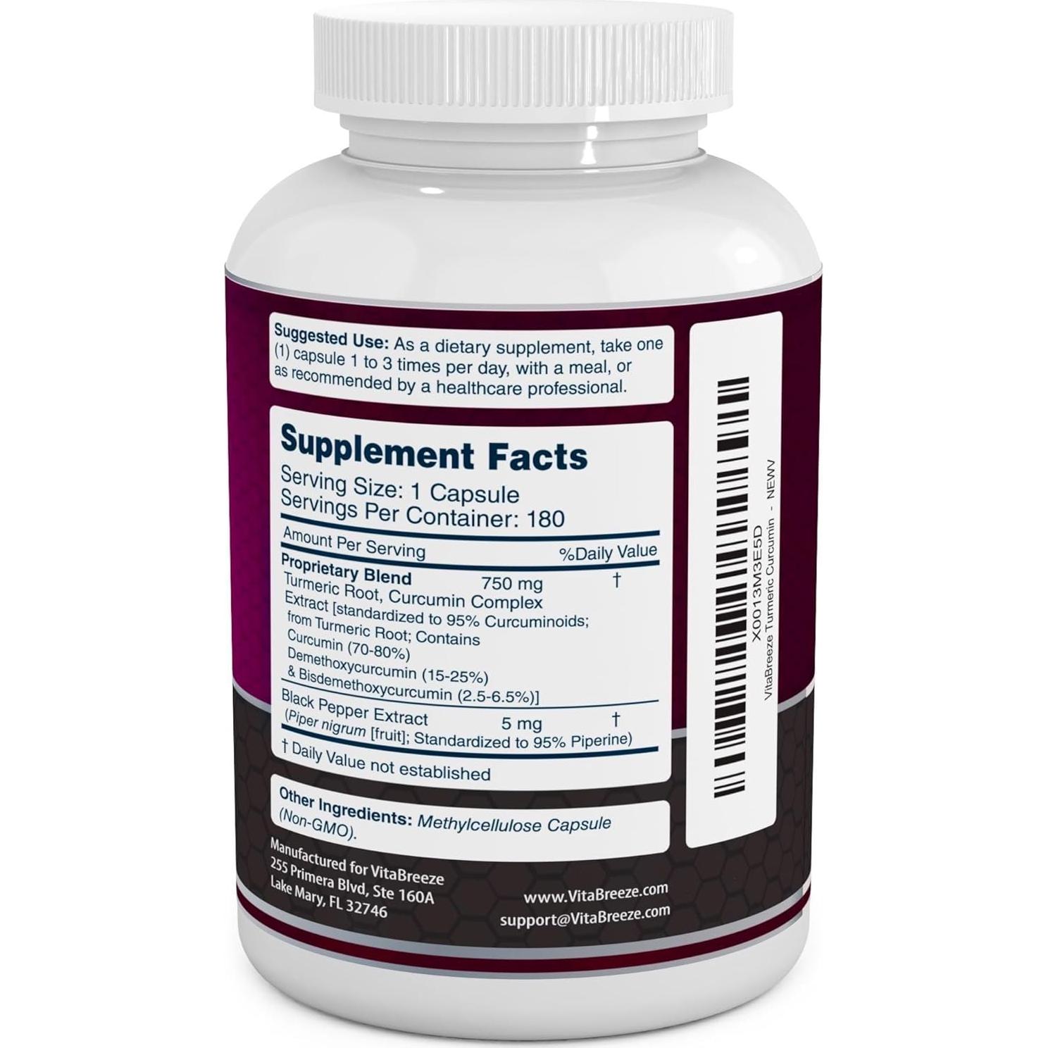 Suplemento de Cúrcuma y Curcumina VitaBreeze 180 Cápsulas